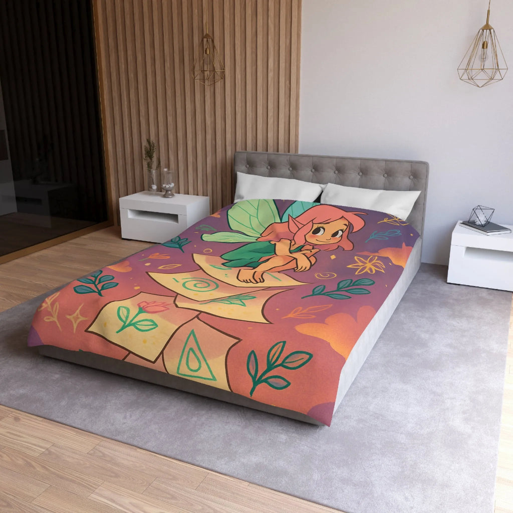 Housse de couette féerique avec fée aux ailes vertes et motifs floraux enchanteurs