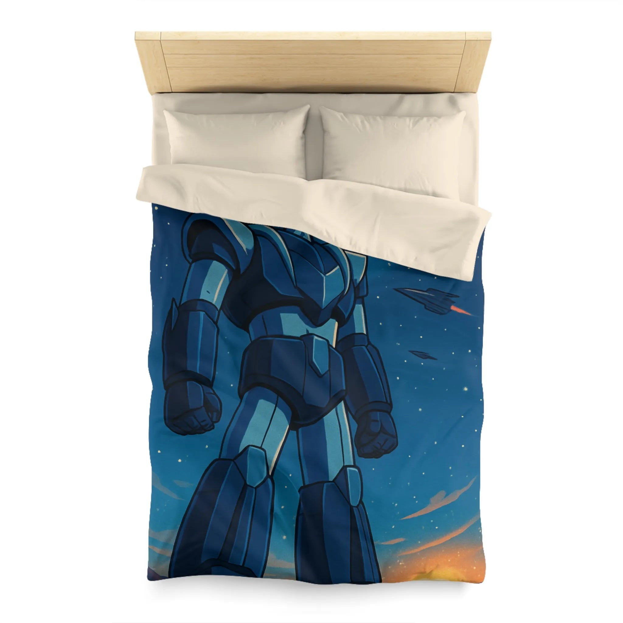 Housse de couette avec illustration rétro robot géant dans l'espace étoilé fascinant