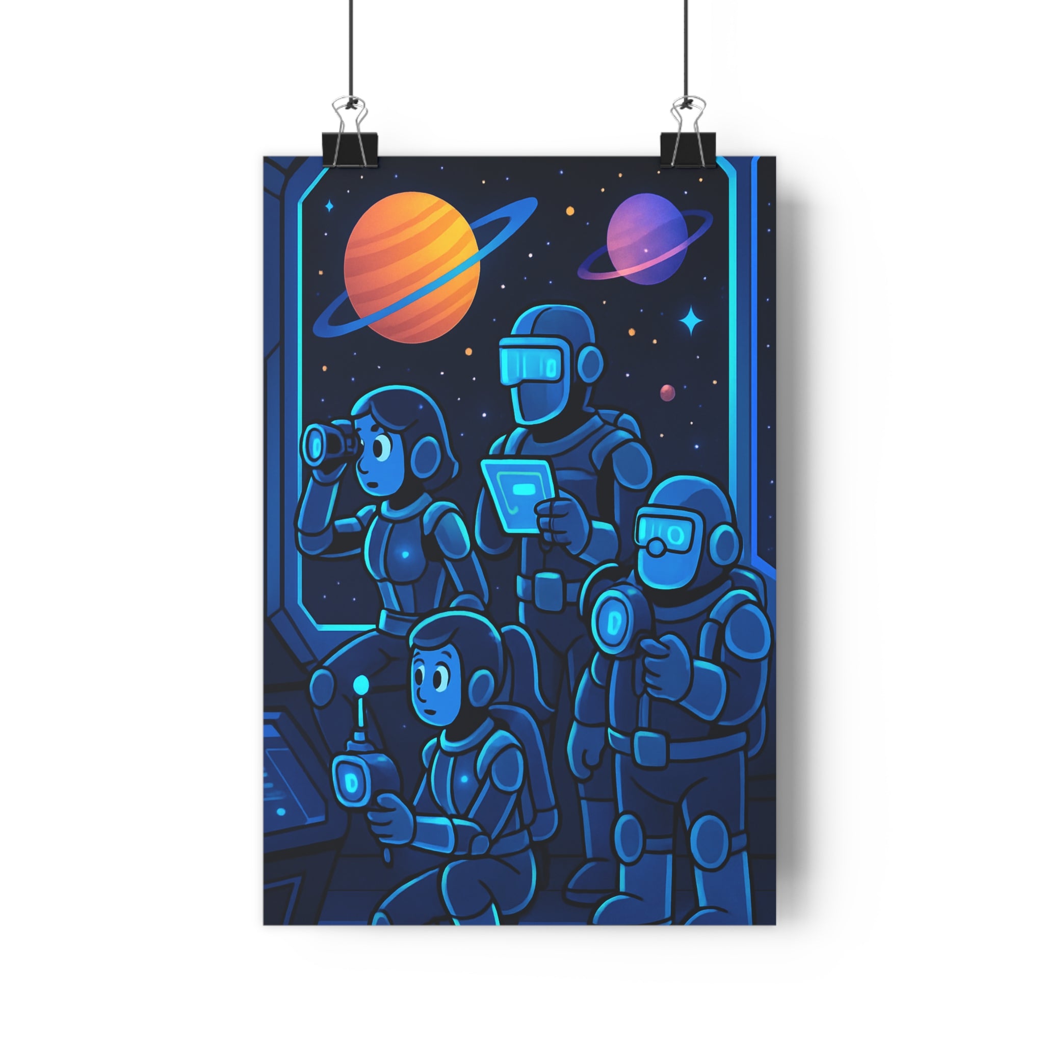 Poster décoratif aventure spatiale bleu orange futuriste chambre enfants exploration cosmos univers étoiles qualité