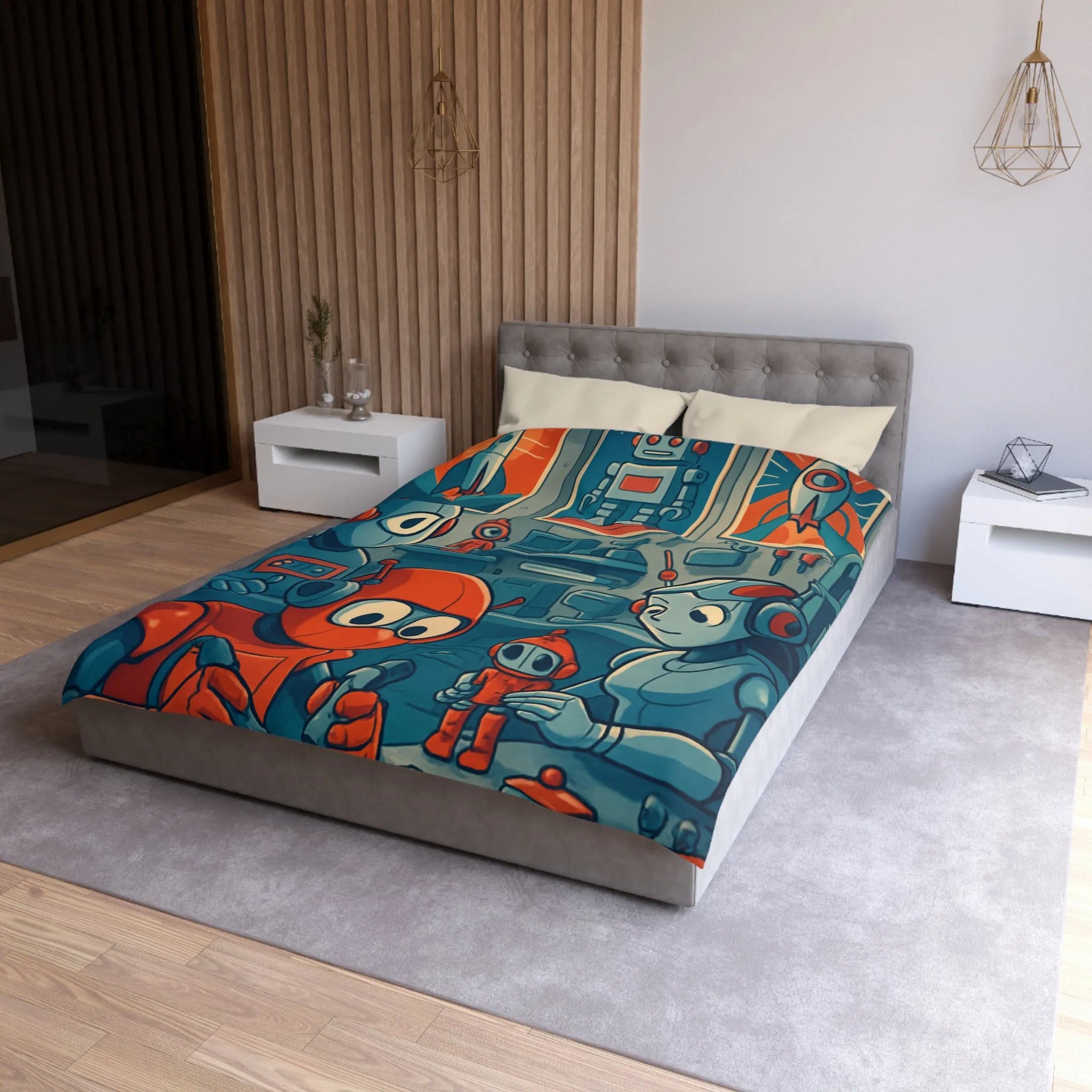 Housse de Couette Adorable Atelier de Robots pour Enfants au Look Rétro Futuriste