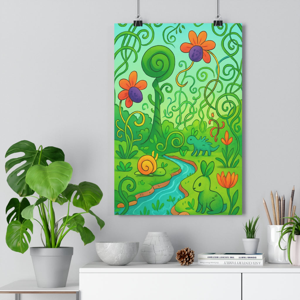 Poster décoratif nature fantastique vert orange joyeux magique chambre salon enfant contemporain tendance qualité