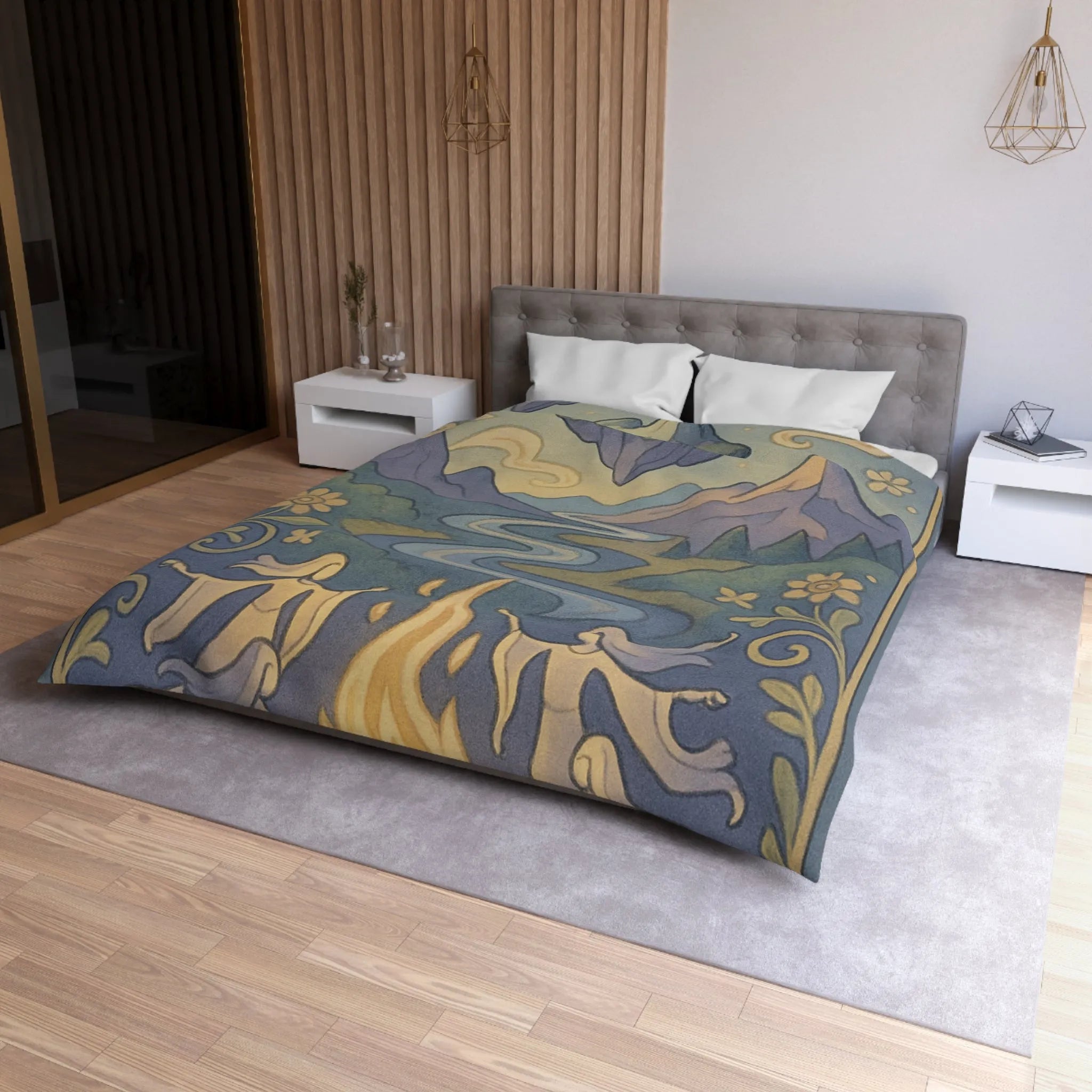 Housse de couette artistique avec montagnes flottantes et paysage féerique sous les étoiles