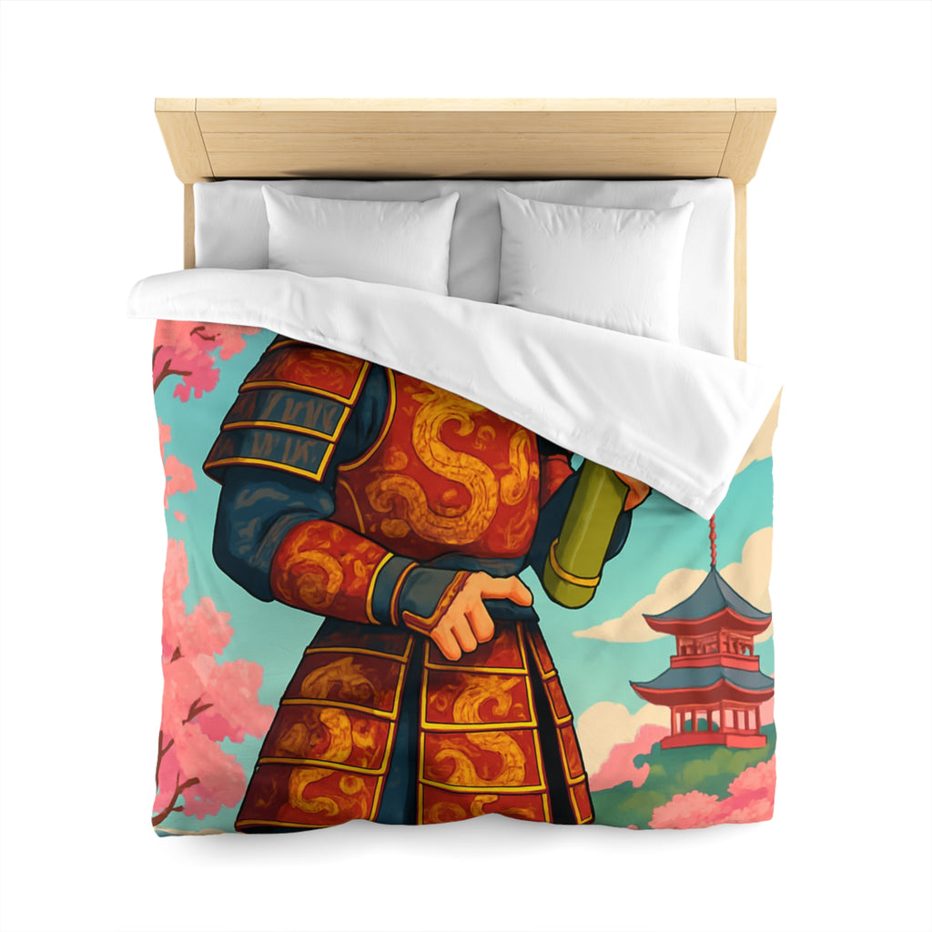 Housse de Couette Samouraï Japonais avec Armure Traditionnelle et Cerisiers en Fleurs