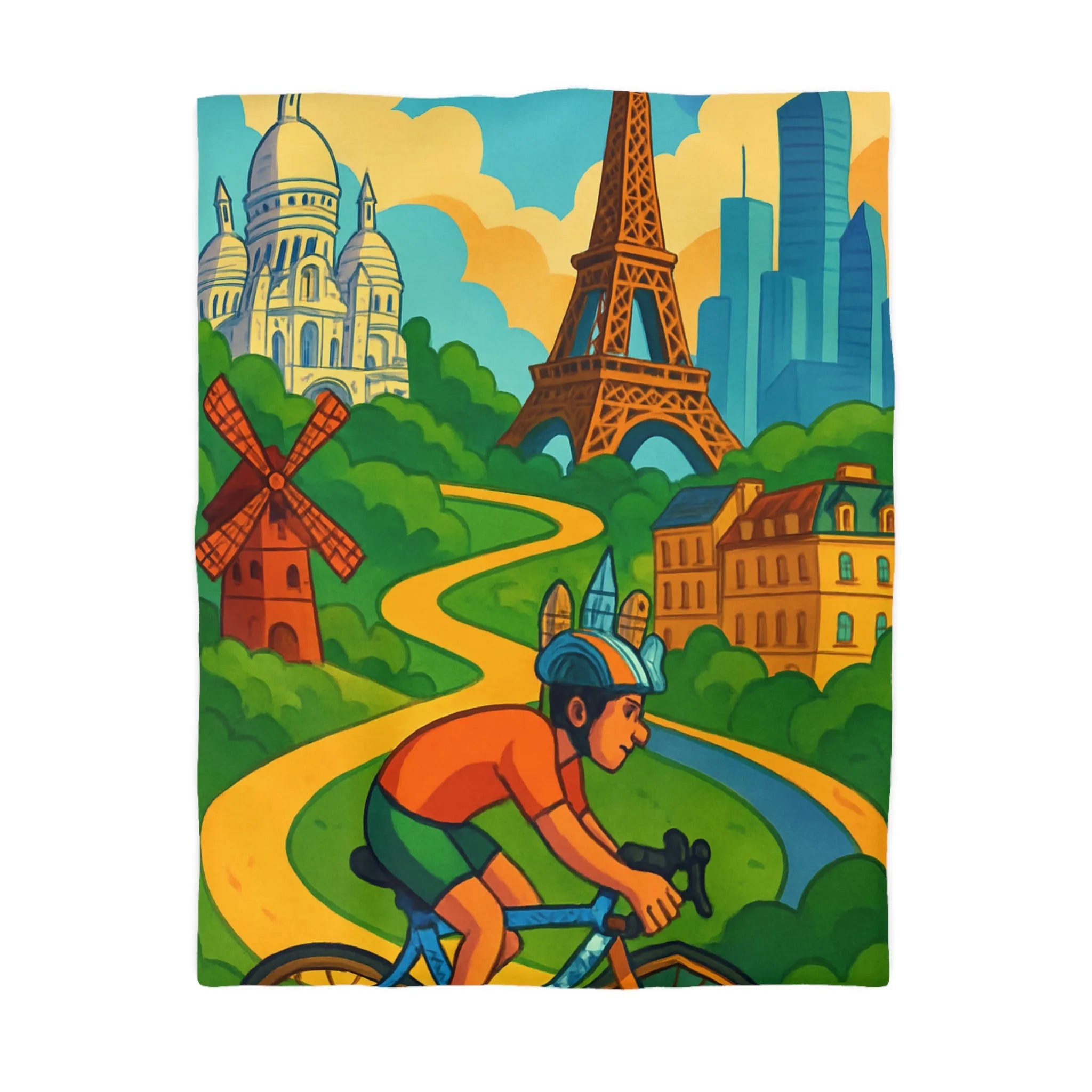 "Housse de Couette Parisienne Cycliste avec Tour Eiffel et Monuments Colorés Décorative"
