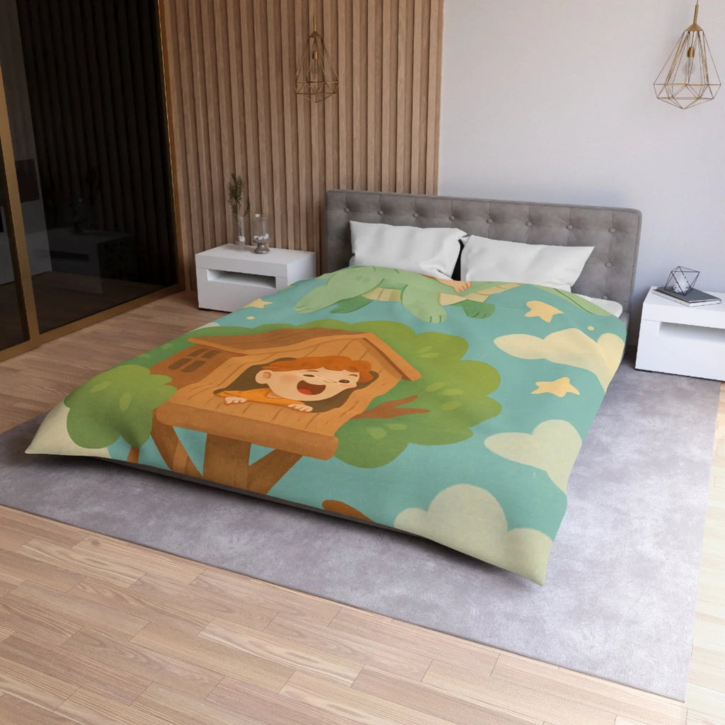 Housse de Couette Enfant Colorée avec Dragon, Maisonnette Arbre et Étoiles Féeriques