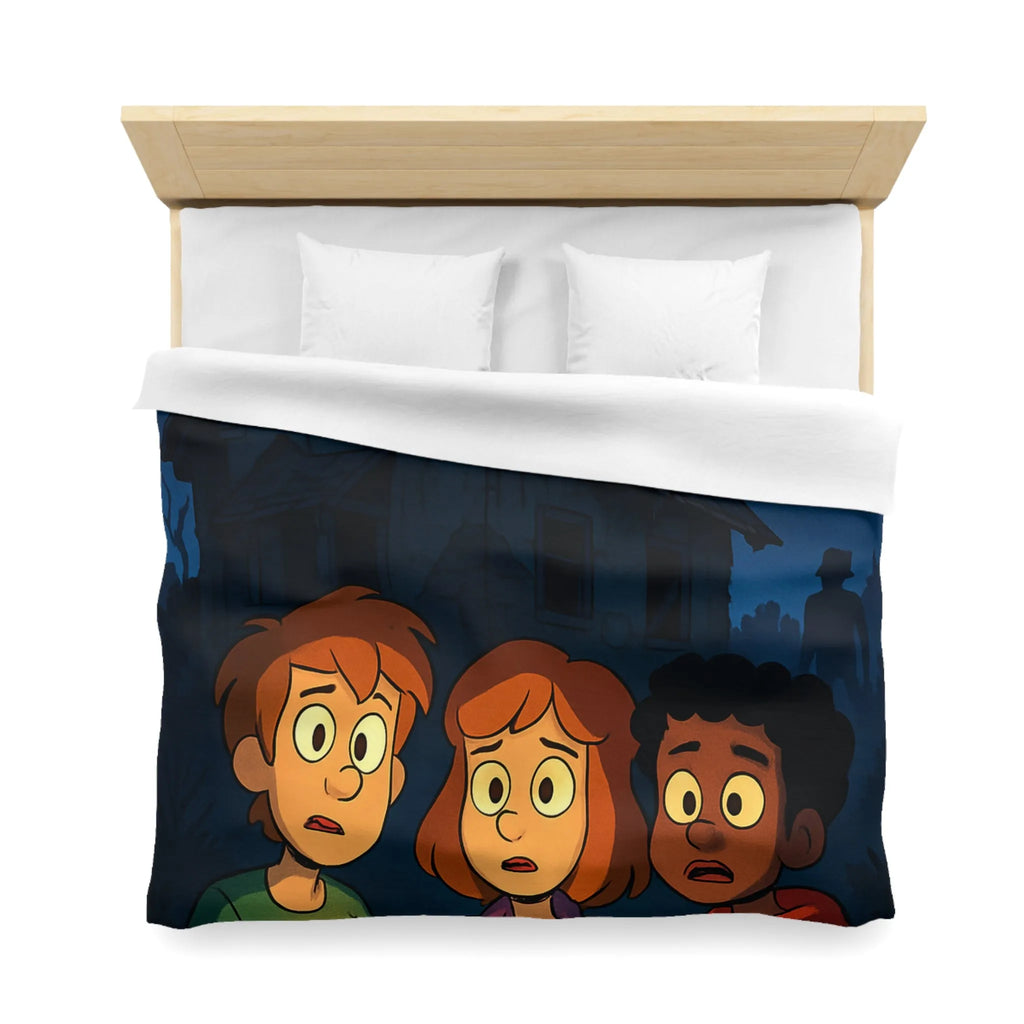 Housse de couette aventure mystérieuse, enfants explorant maison hantée sous lune rouge intrigante