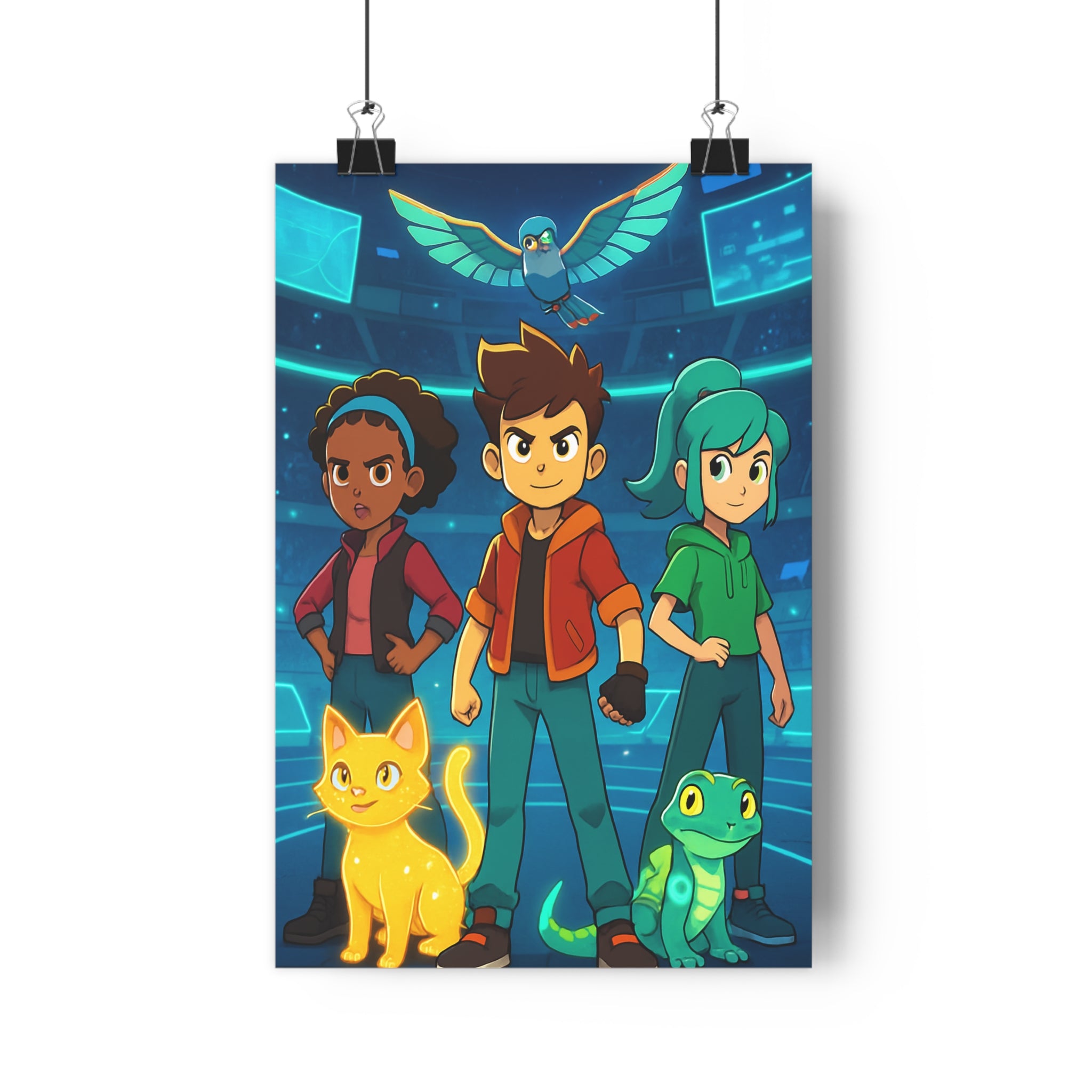 Poster décoratif anime bleu orange rétro aventure héros chambre enfant tendance créatif vibrant lumineux