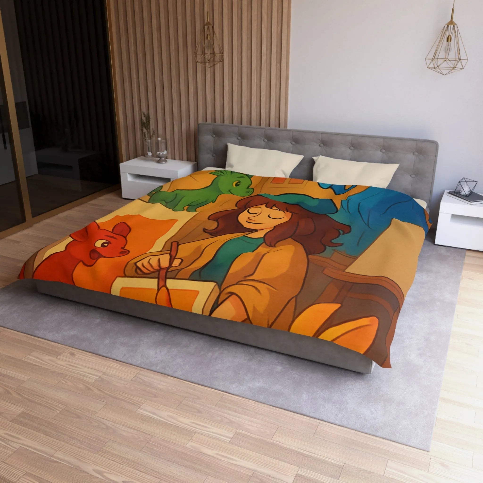 Housse de couette colorée avec artiste et animaux en studio d'art lumineux