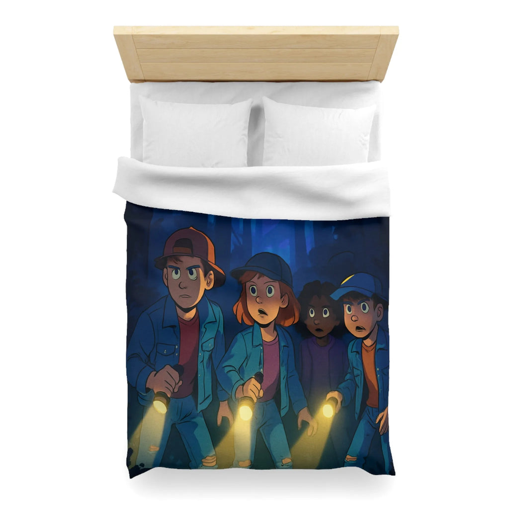 Housse de couette forêt mystérieuse enfants explorateurs avec lampes de poche illustration nocturne