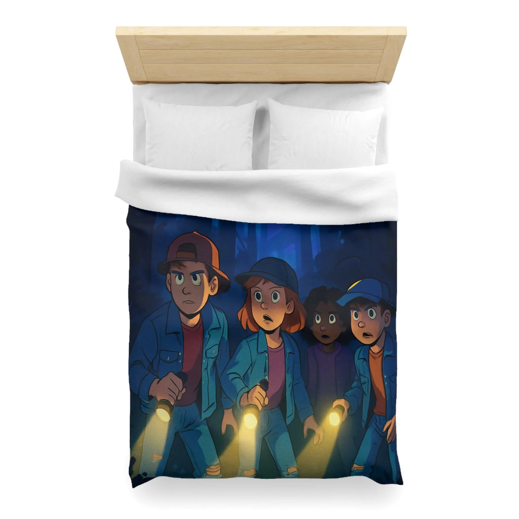 Housse de couette forêt mystérieuse enfants explorateurs avec lampes de poche illustration nocturne