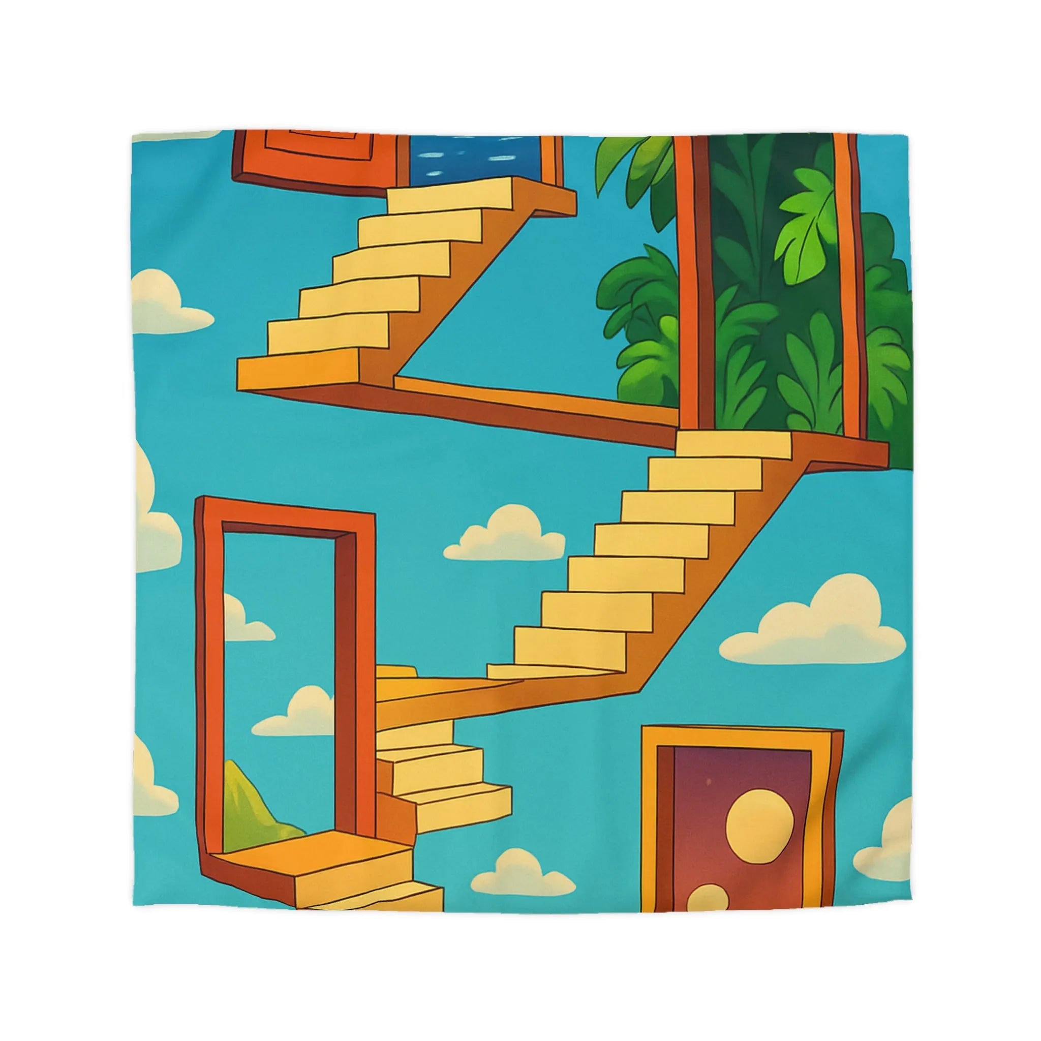 Housse de couette avec escaliers infinis et paysage surréaliste, ciel étoilé