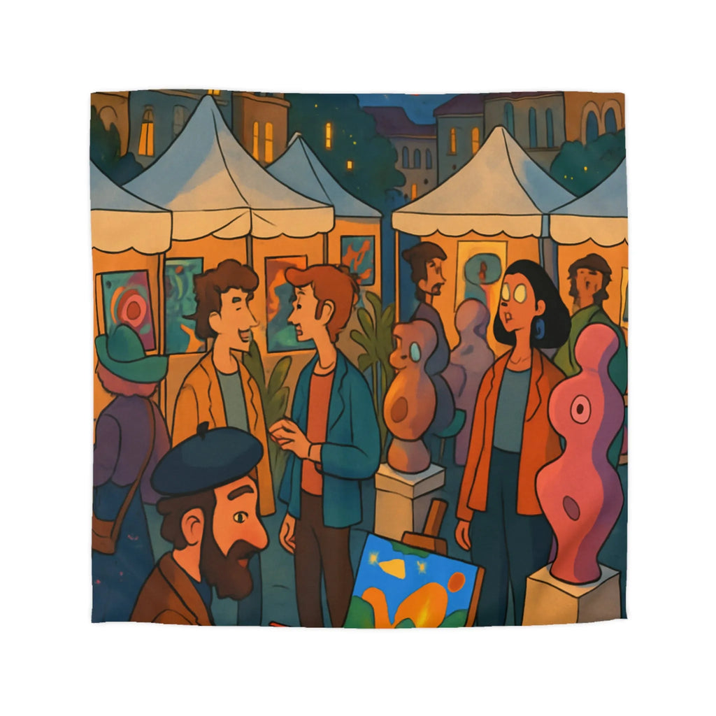 Housse de couette avec scène de marché nocturne animé et sculptures colorées