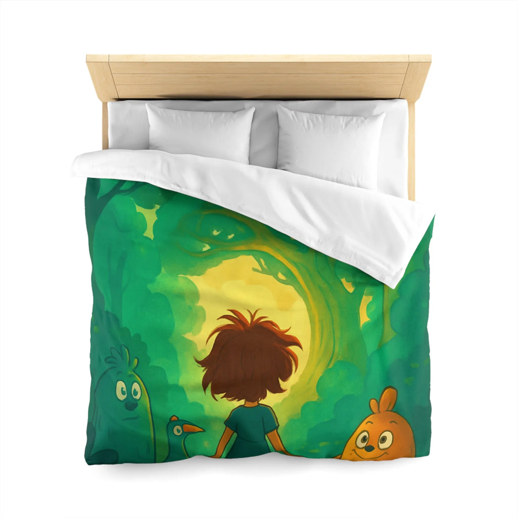 Housse de couette forêts enchantées avec animaux et personnage central, ambiance magique