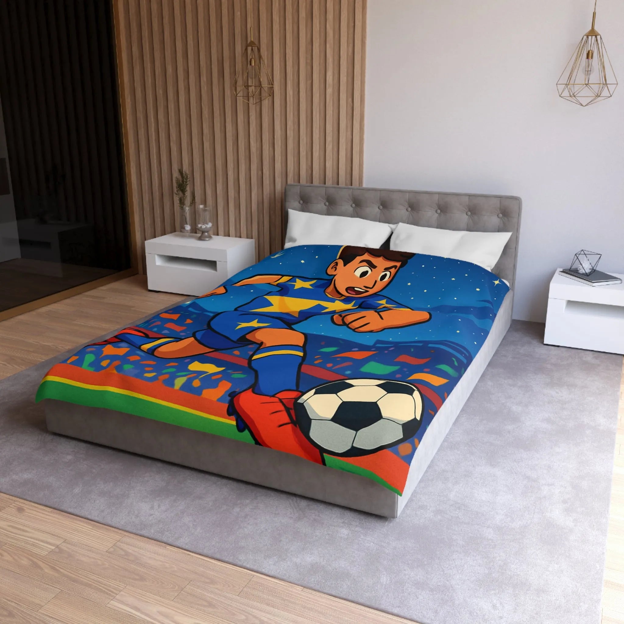 Housse de couette colorée avec joueur de football en action sous ciel étoilé