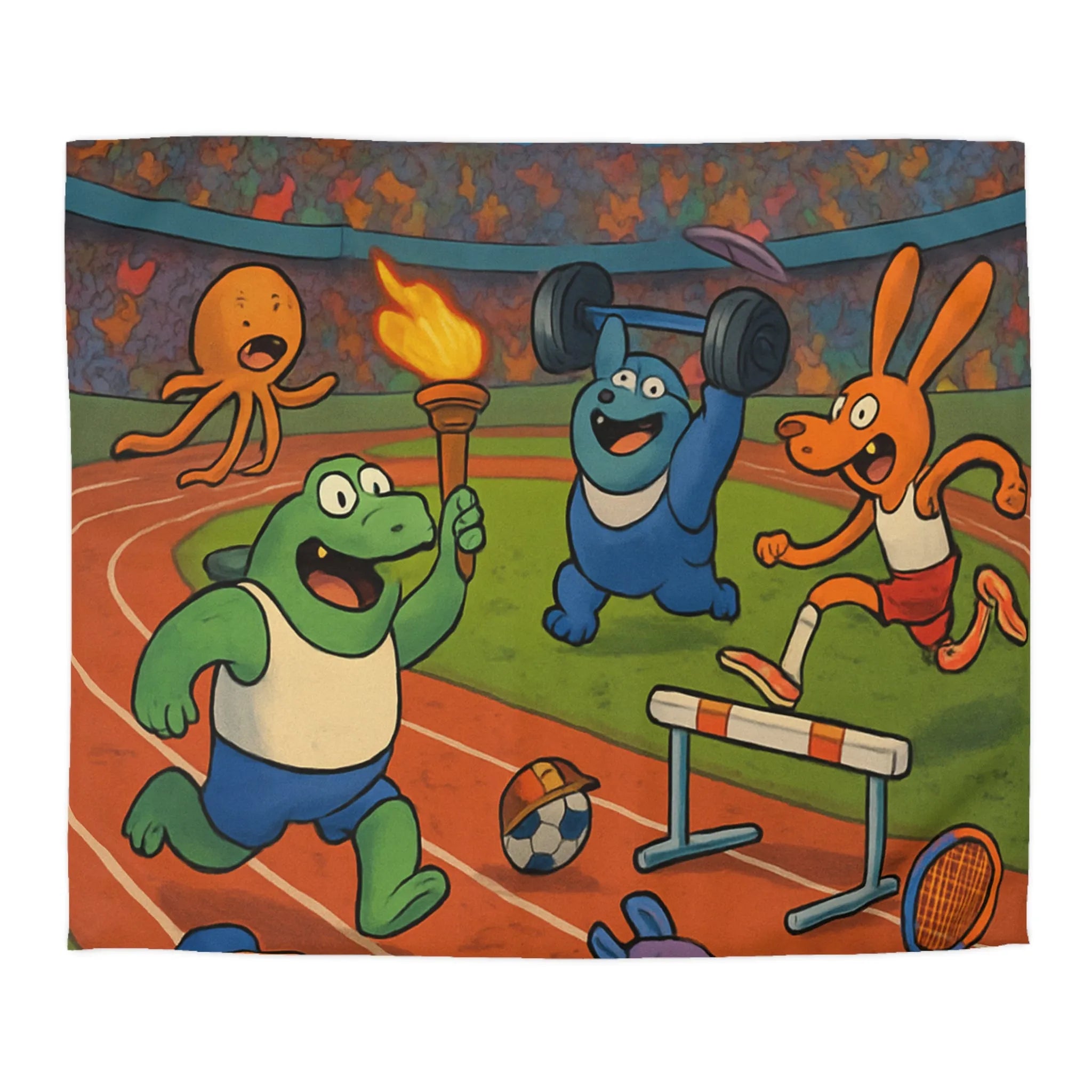 Housse de couette colorée avec animaux sportifs célébrant sous feux d'artifice nocturnes