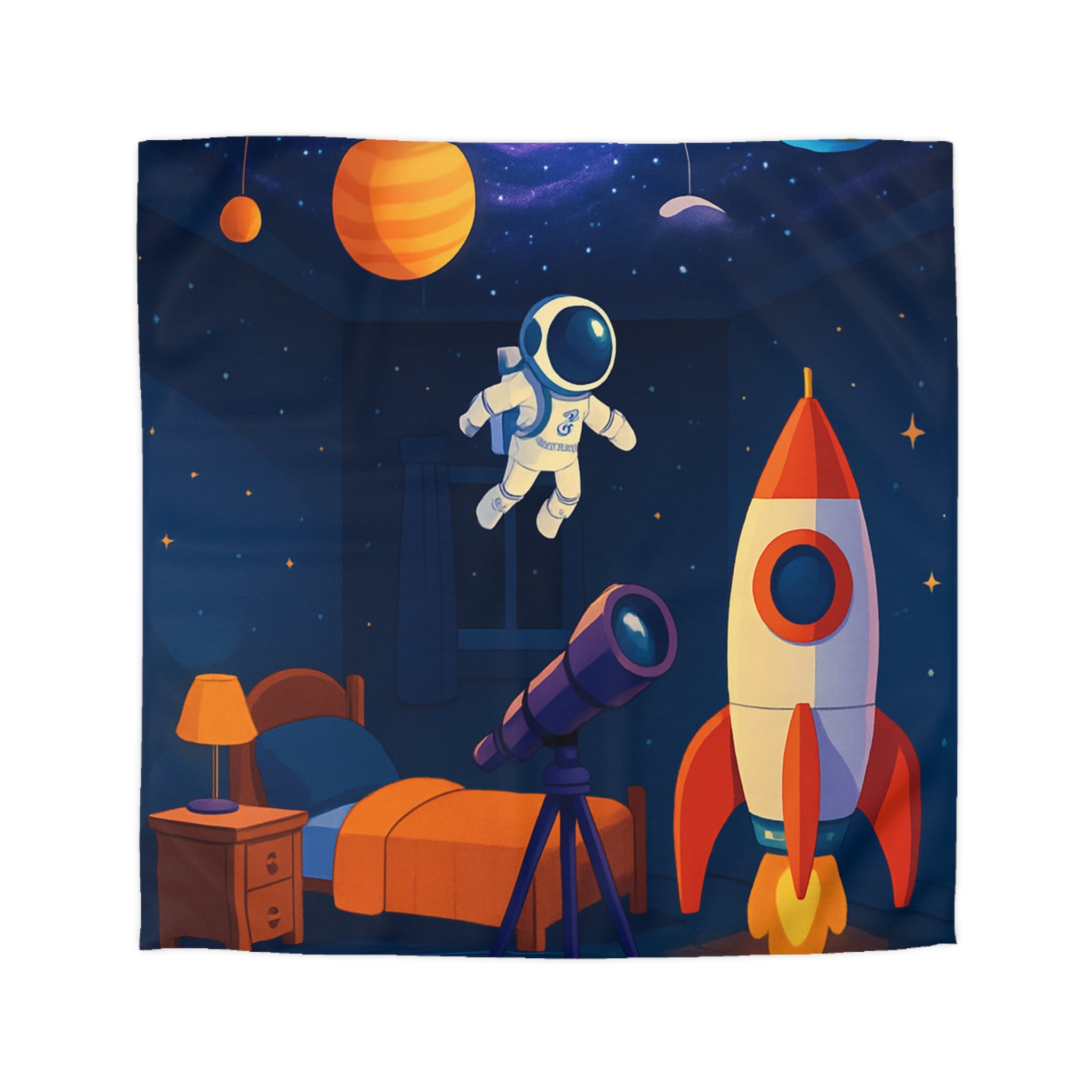 Housse de Couette Spatiale Enfant avec Astronaute Fusée et Planètes Colorées