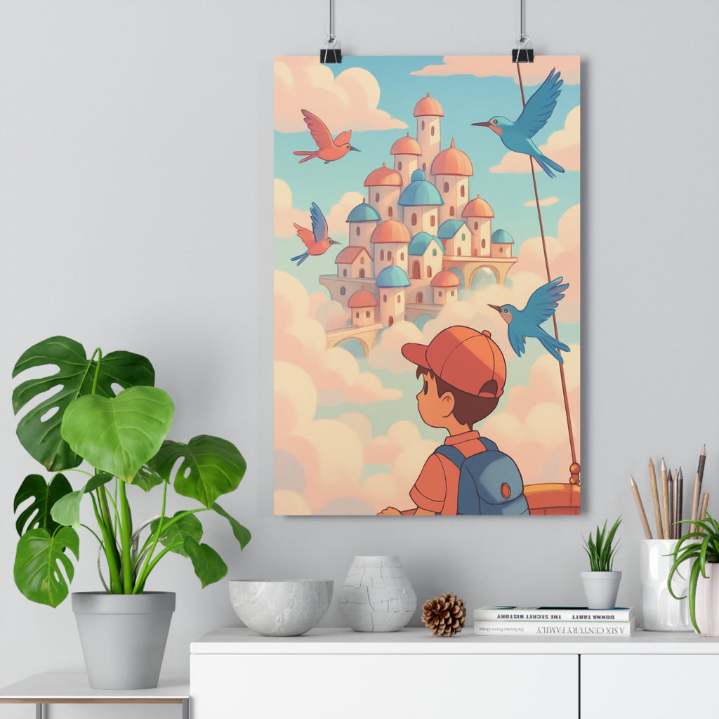 Poster décoratif rêveur pastel bleu rose ciel enfant aventure moderne coloré chambre ambiance unique
