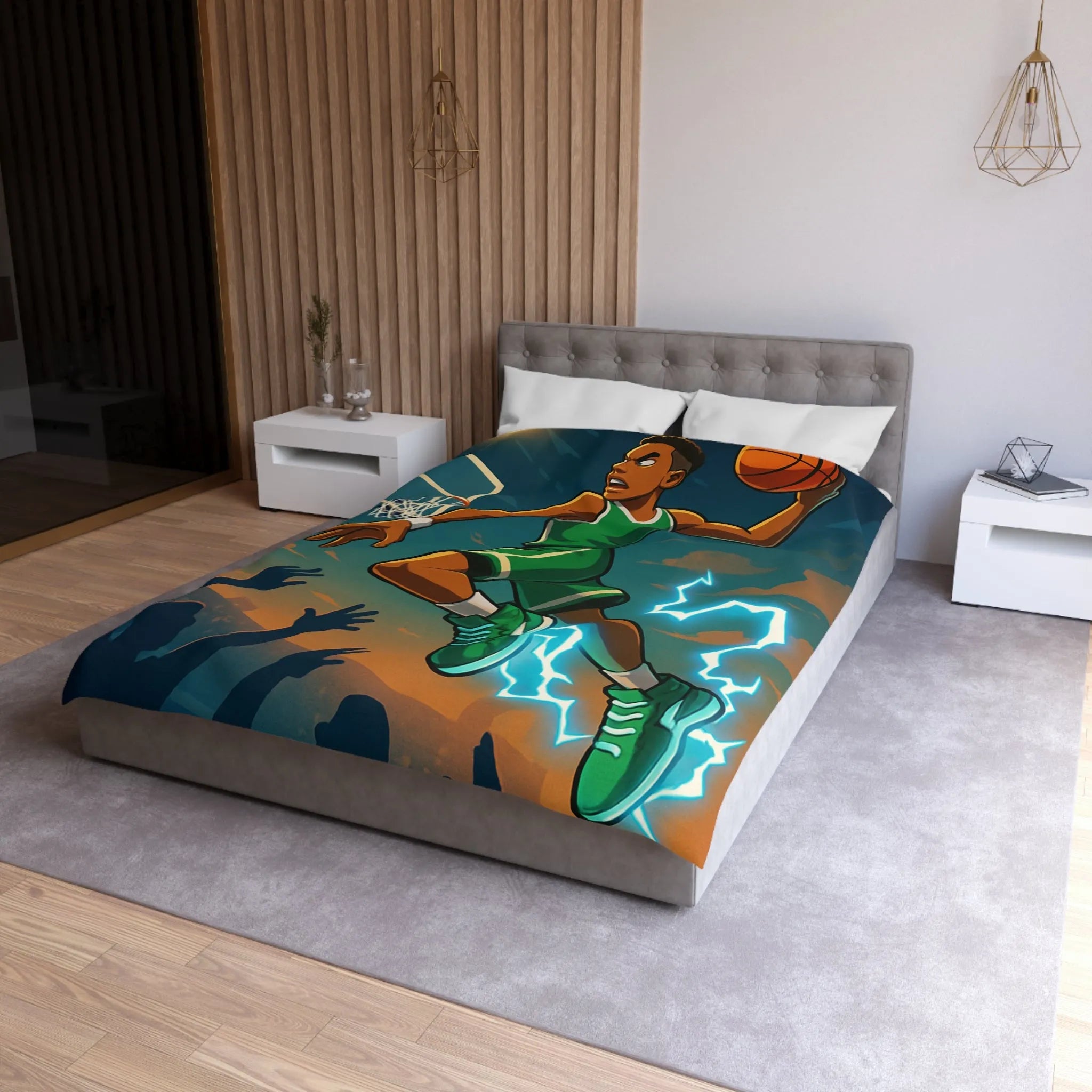 Housse de couette basket dynamique avec joueur en plein slam dunk lumineux
