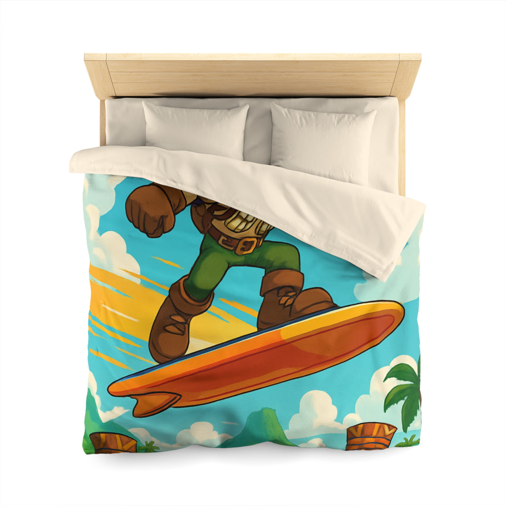 Housse de couette vibrante avec héros aventureux sur plage tropicale paradisiaque