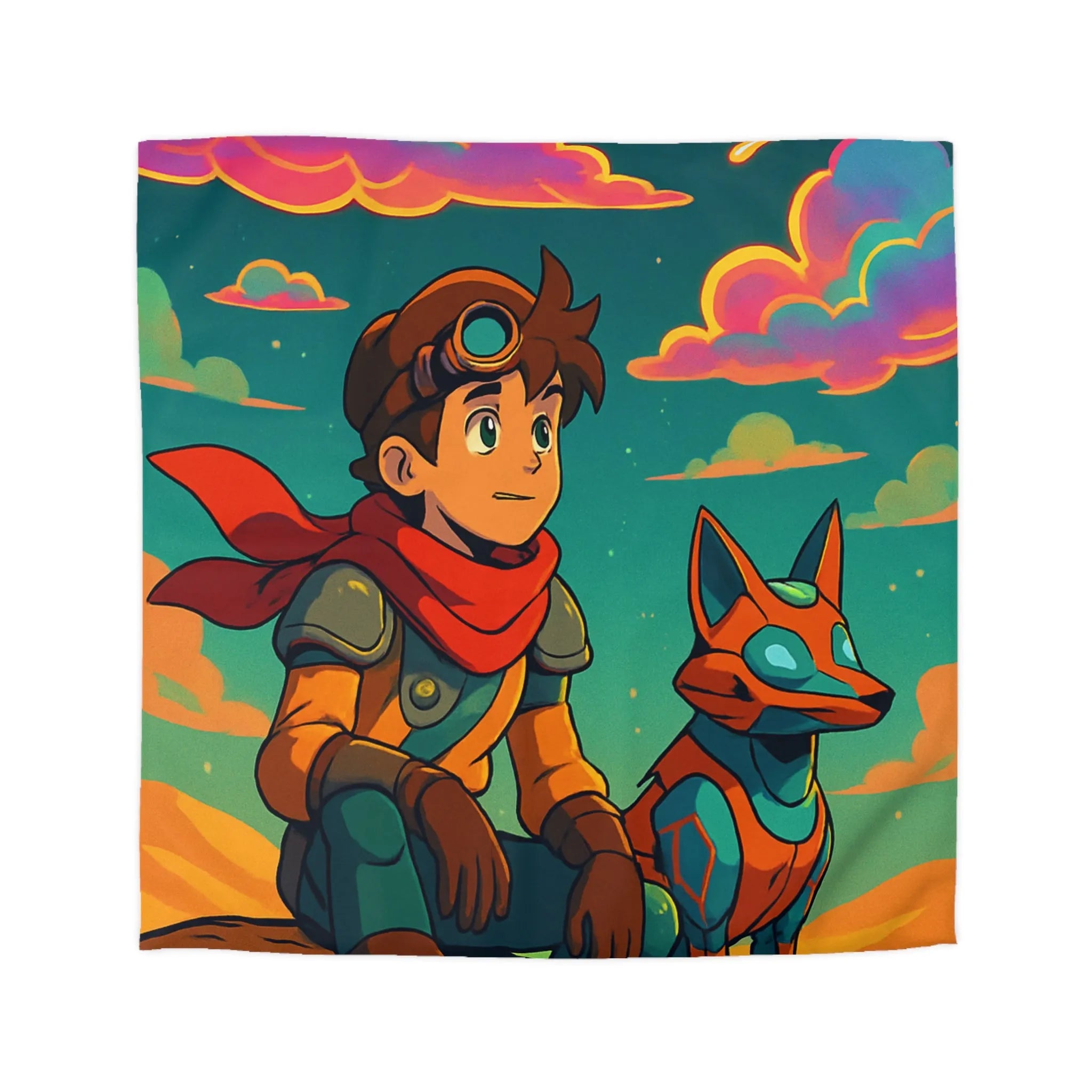 Housse de couette avec illustration colorée de personnage animé et chien robot sous ciel étoilé