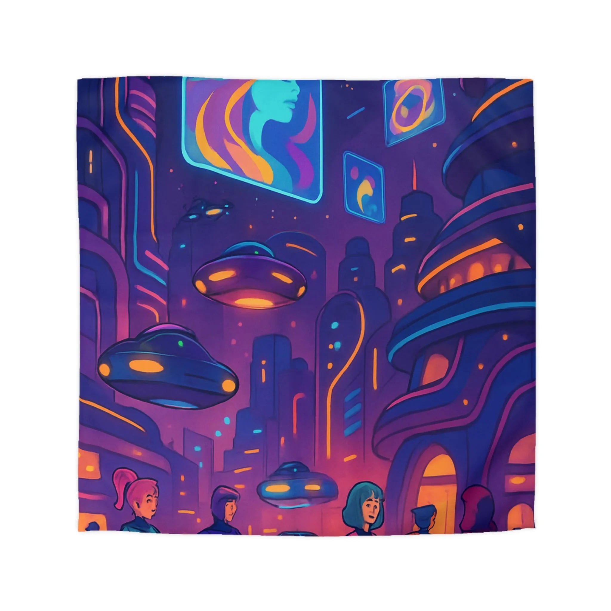 Housse de couette futuriste ville néon avec vaisseaux volants et affichages lumineux