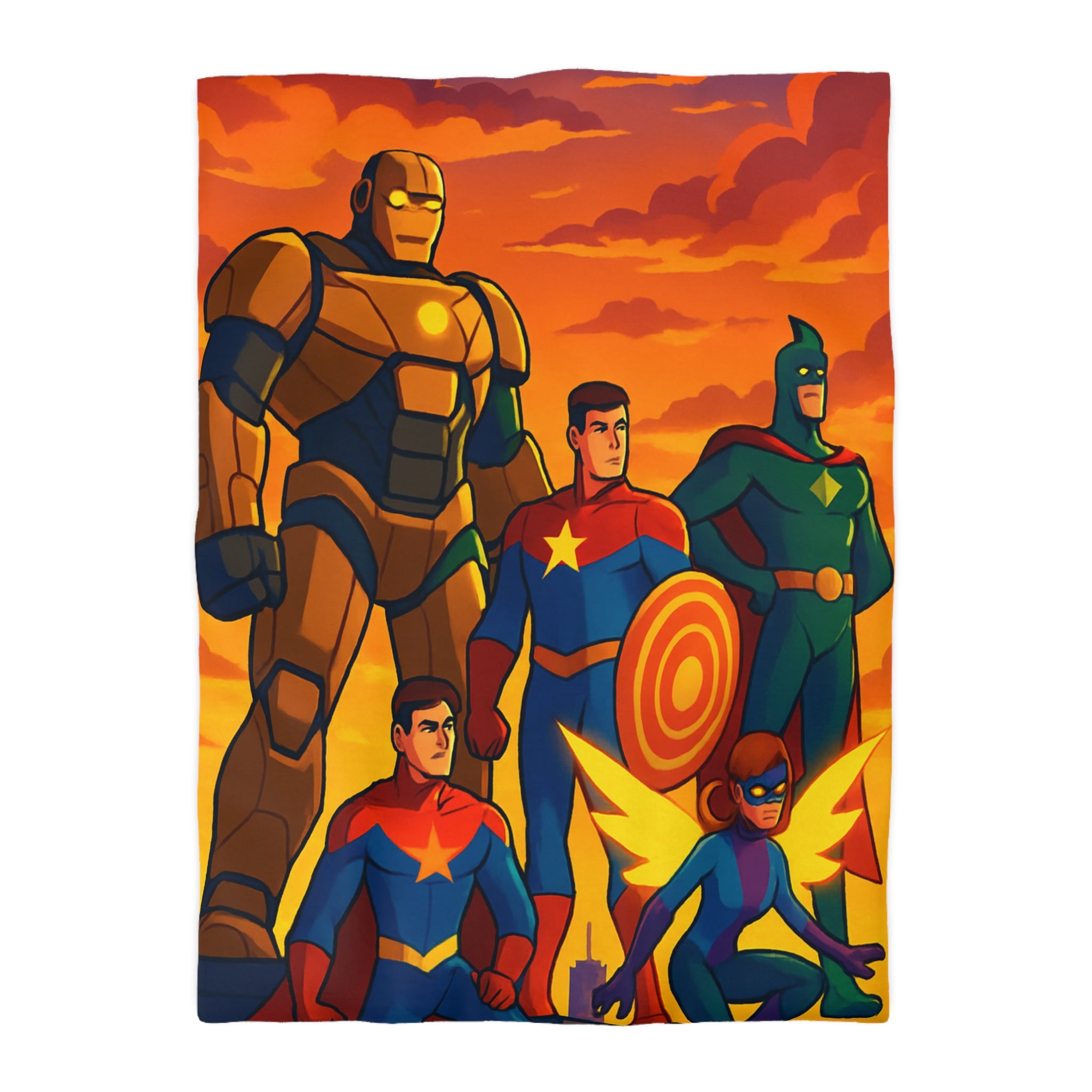 Housse de couette super-héros en costumes colorés avec coucher de soleil épique en arrière-plan