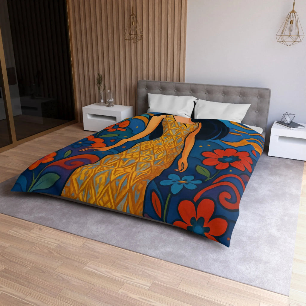 Housse de couette artistique avec motif floral vibrant et silhouette élégante féminine