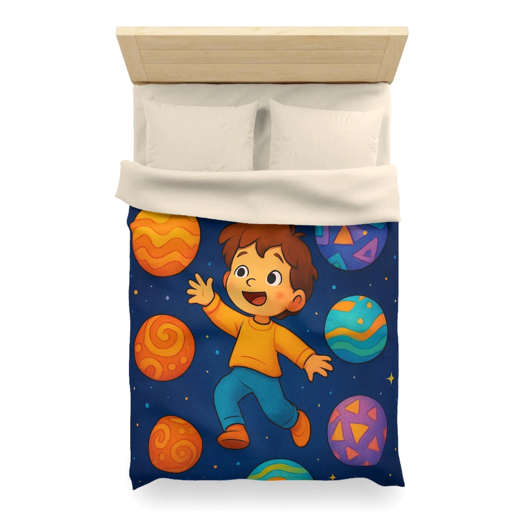 Housse de couette enfant planète colorée avec garçon dans l'espace étoilé vibrant