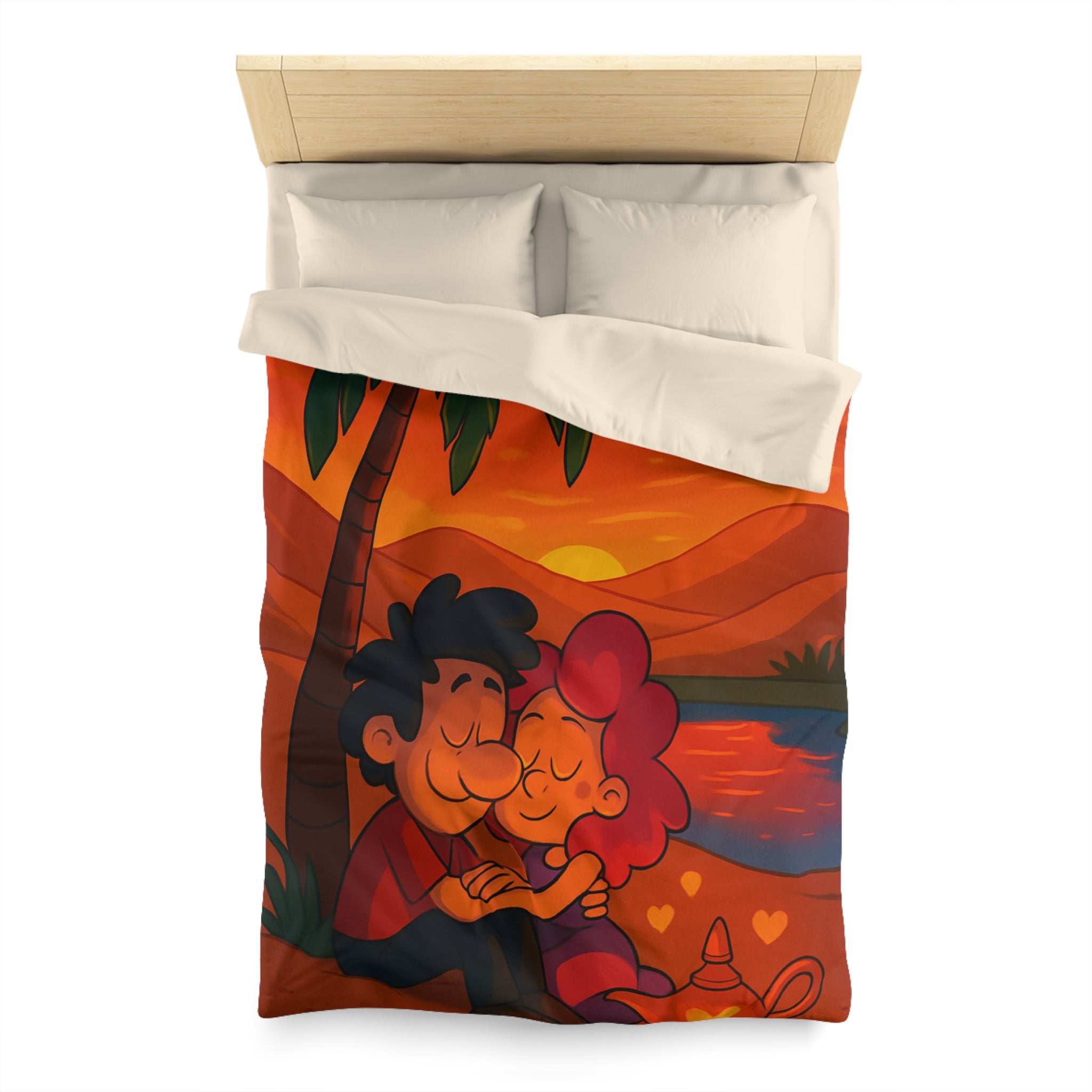 Housse de couette romantique avec couple câlin et coucher de soleil magique désertique