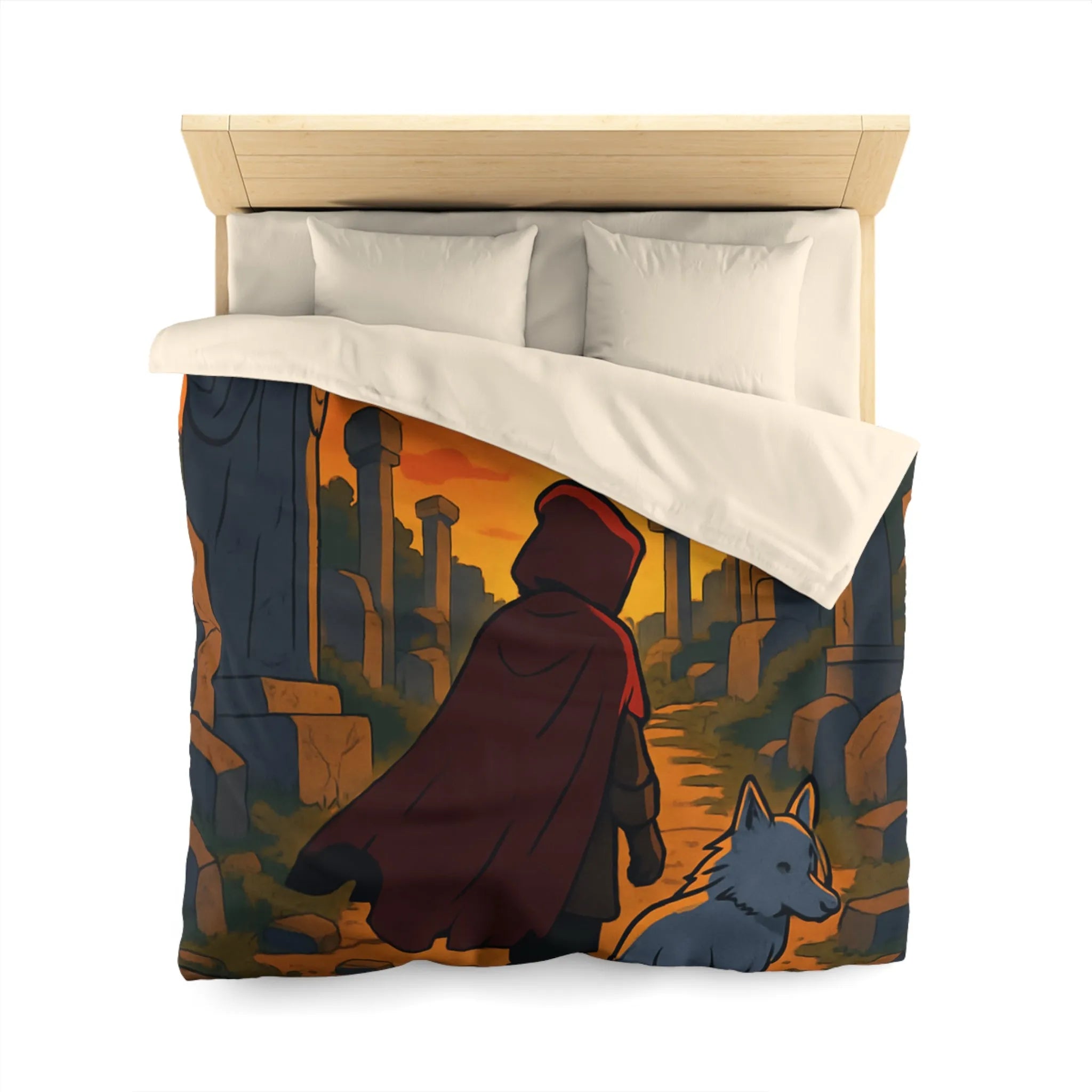 Housse de Couette Enfant Rouge et Blanc, Chemin Énigmatique du Crépuscule, Statue Mystérieuse