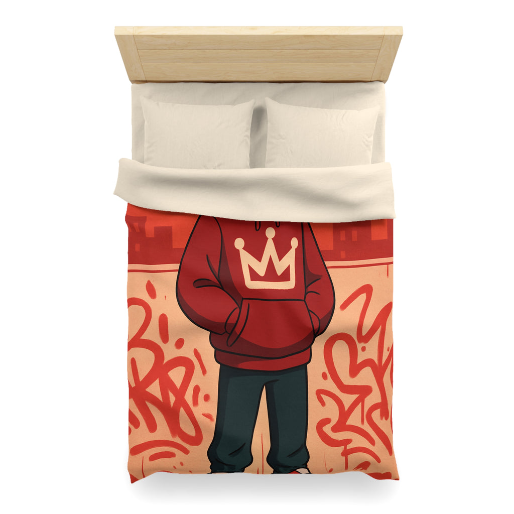 Housse de couette urbaine rouge avec motif couronne et graffiti artistique moderne