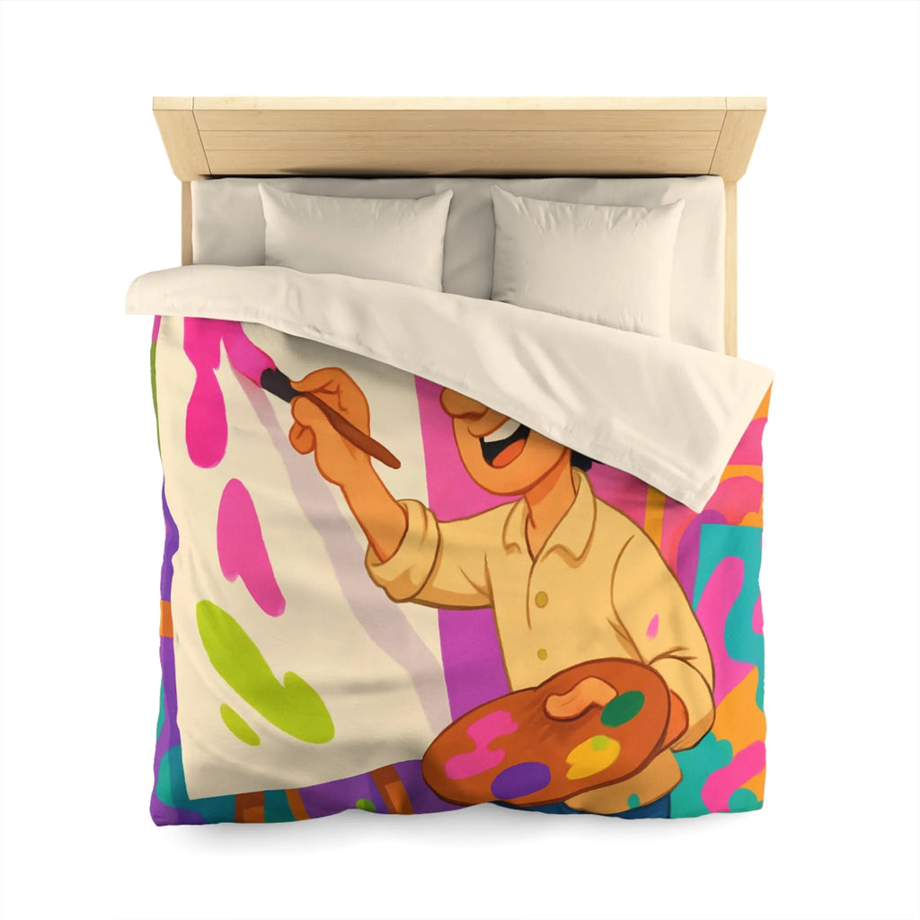 Housse de couette colorée avec artiste joyeux peignant des éclaboussures lumineuses abstraites