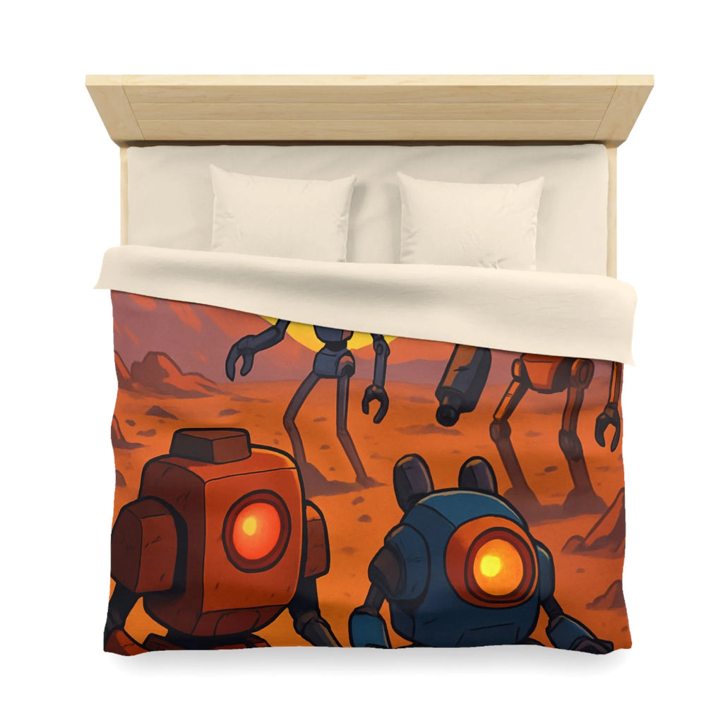 Housse de couette avec robots colorés dans un paysage désertique au coucher du soleil