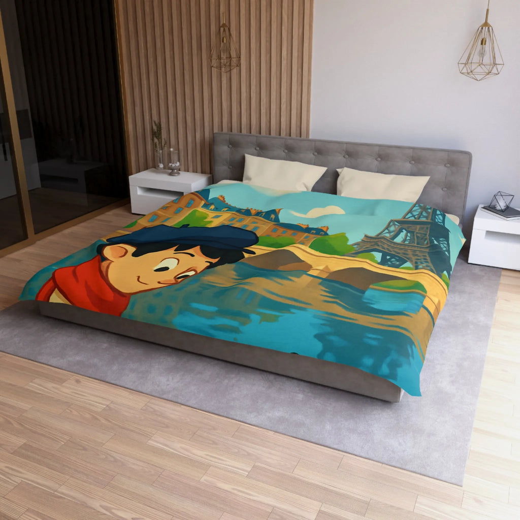 Housse de Couette Artistique Parisienne avec Enfant et Tour Eiffel au Printemps