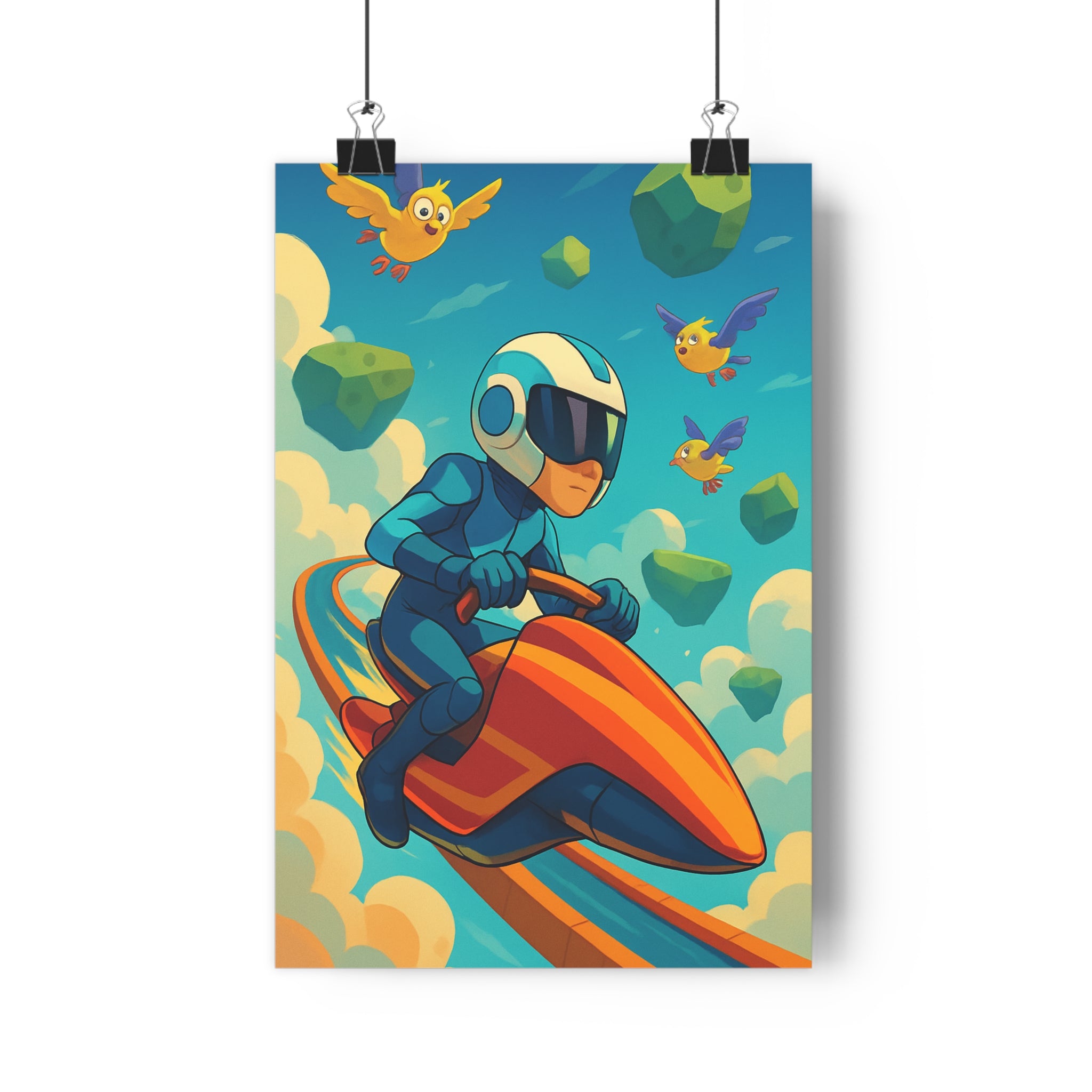 Poster décoratif futuriste bleu jaune orange animé joyeux chambre aventure dynamique muraux vivants 30x46