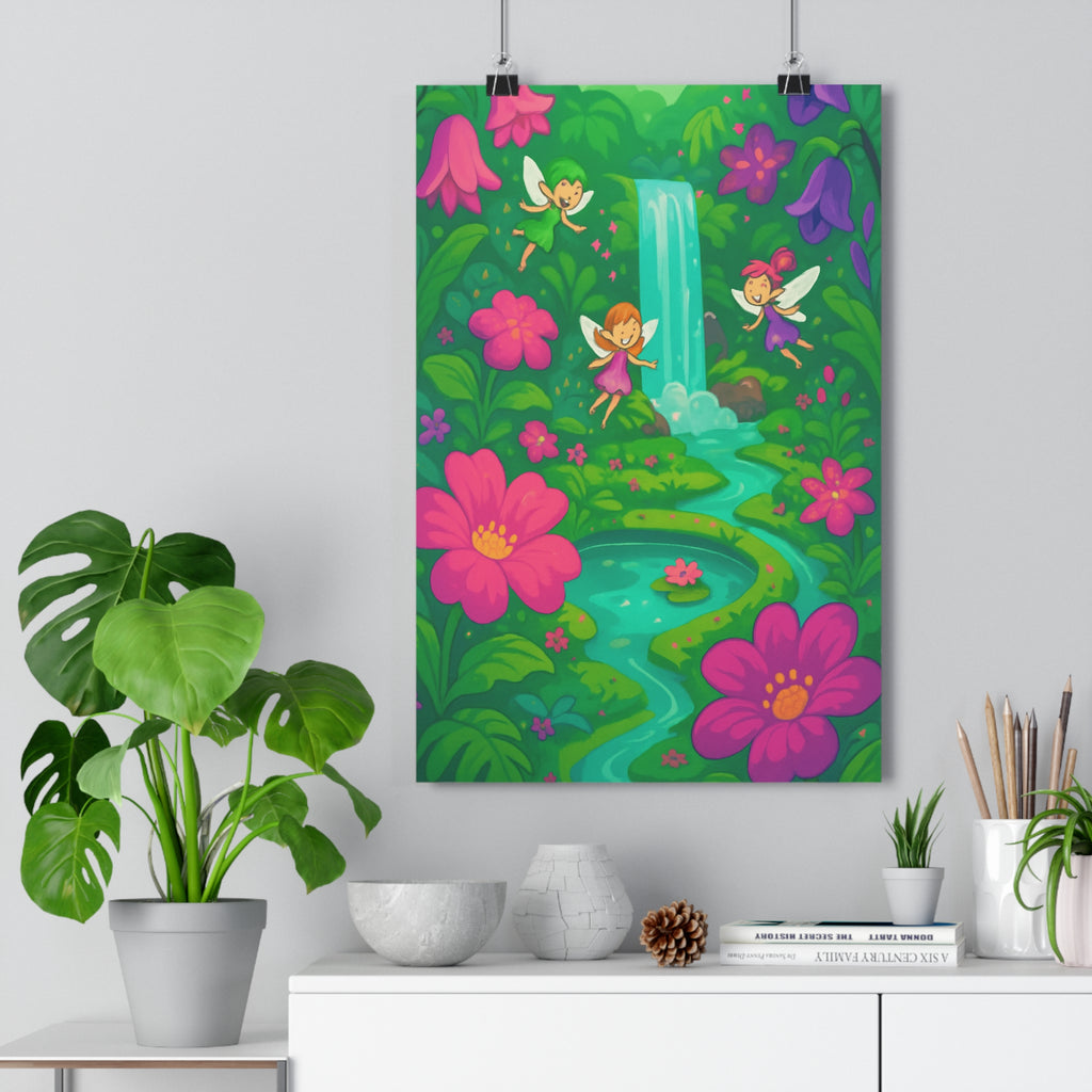 Poster décoratif féérique jardin enchanté fées joyeuses cascade fleurs roses violettes vert cartoon chambre