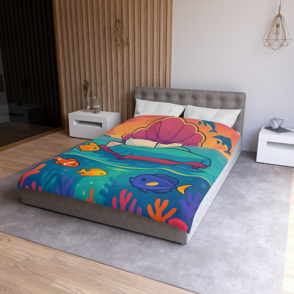 Housse de couette océan, lit coquillage, poissons tropicaux, ambiance coucher de soleil