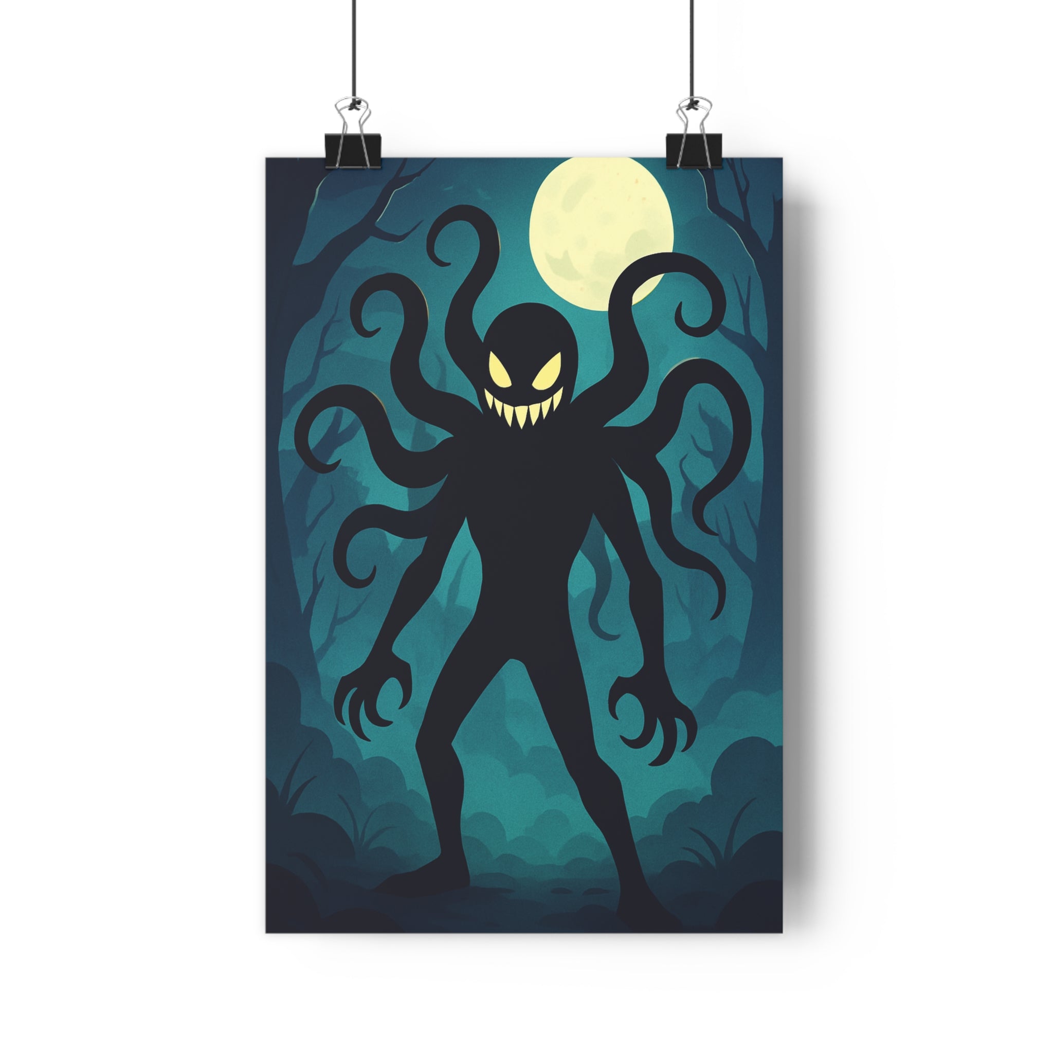 Poster décoratif anime gothique noir bleu nuit mystique créature chambre tentacules obscurité inquiétant silhouette