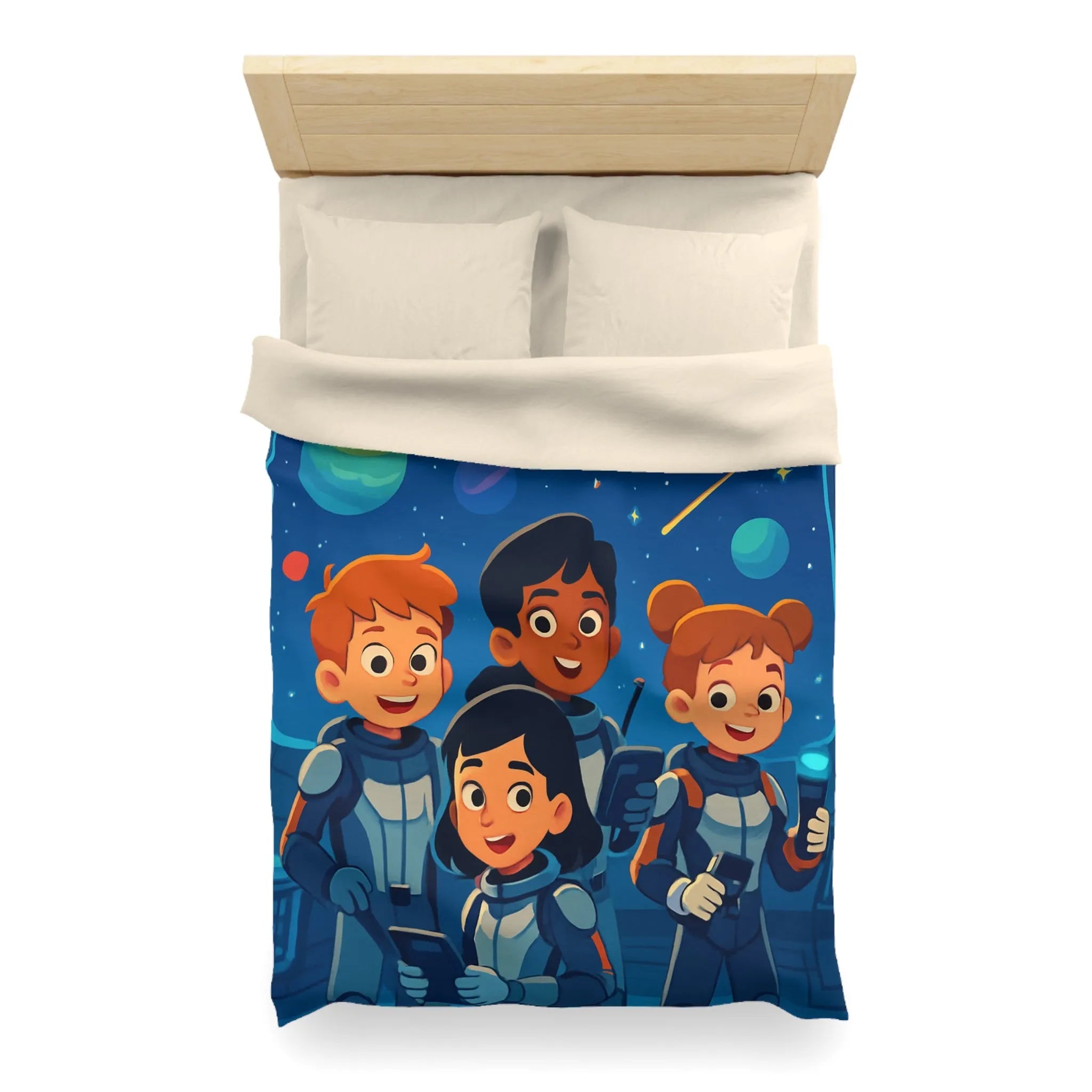 Housse de couette enfant en exploration spatiale avec planètes colorées et jeunes astronautes