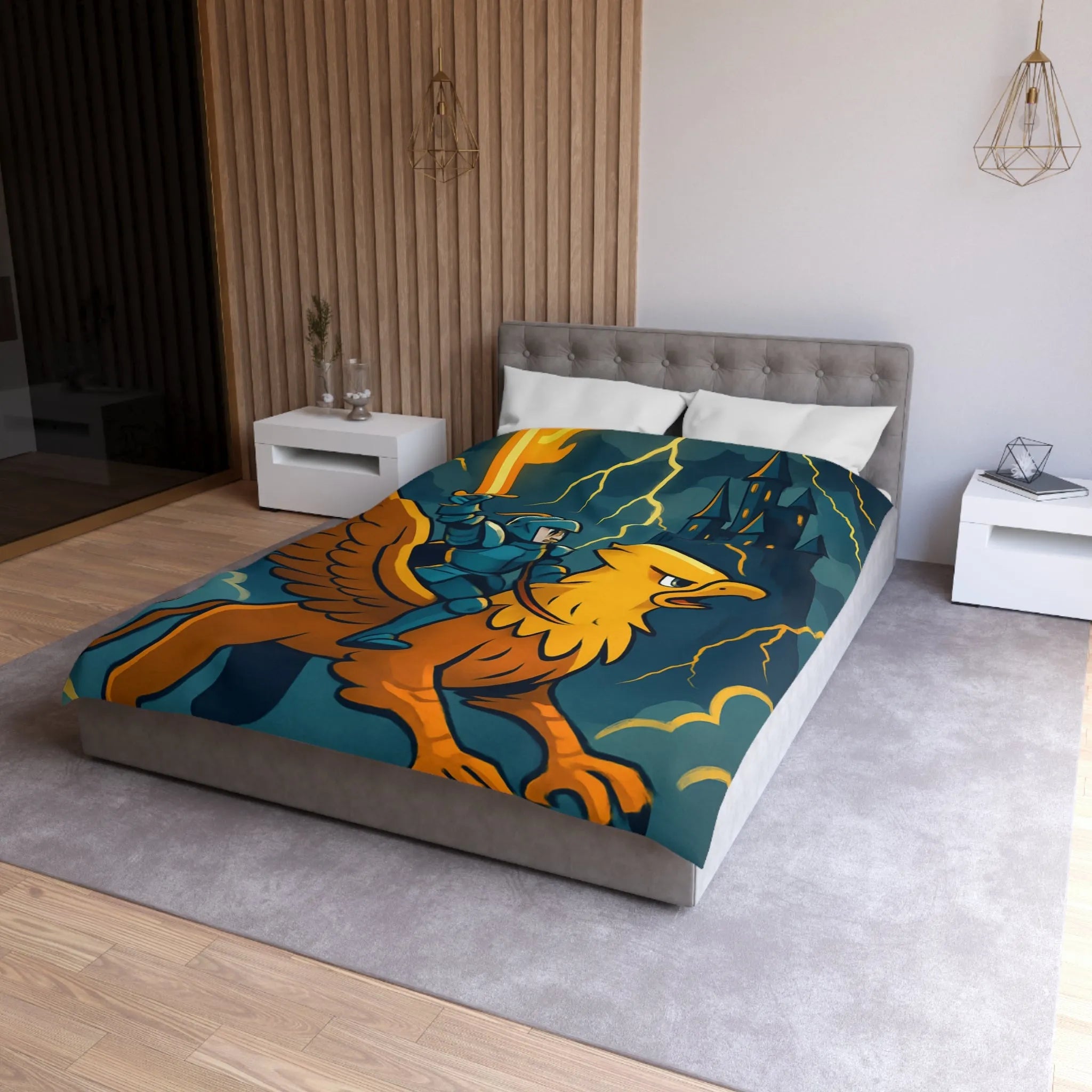 Housse de Couette Fantaisie avec Chevalier et Griffon Volant Devant Château Mystérieux