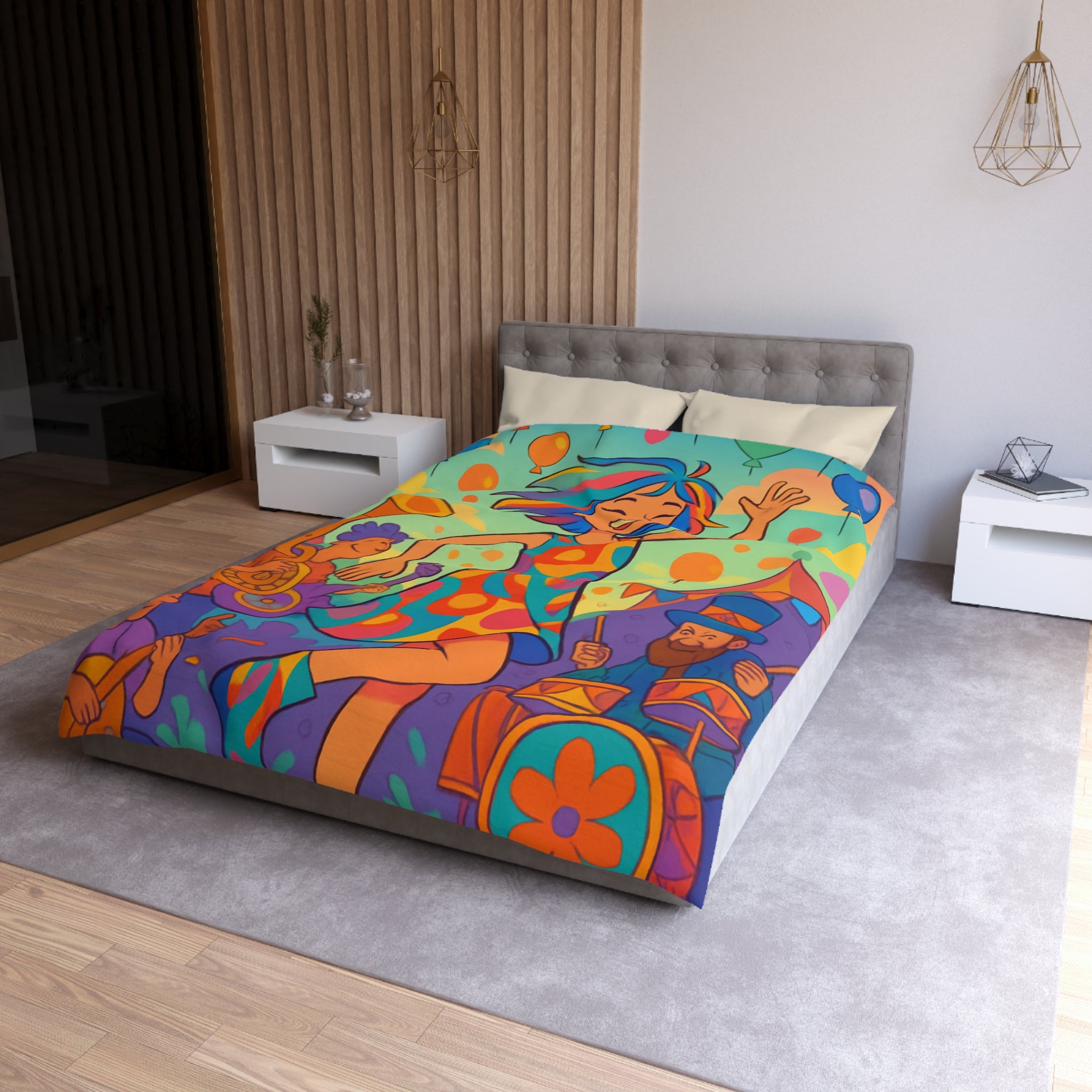 Housse de couette multicolore avec motif de fête joyeuse et personnages dansants
