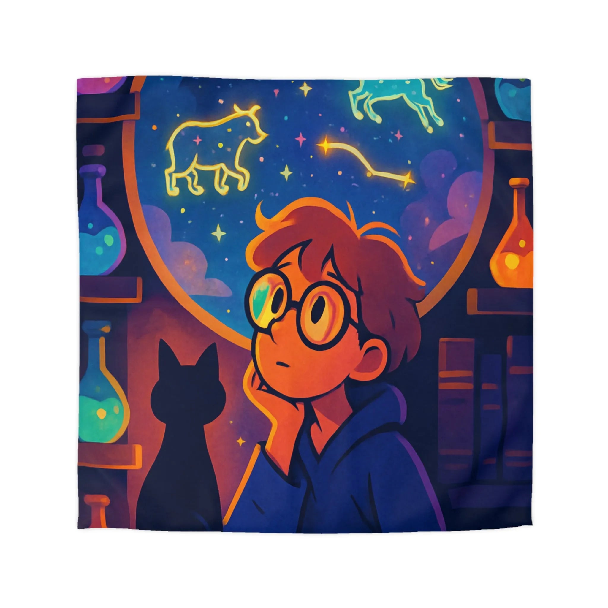 Housse de couette avec jeune rêveur et ciel étoilé magique pour ambiance féerique