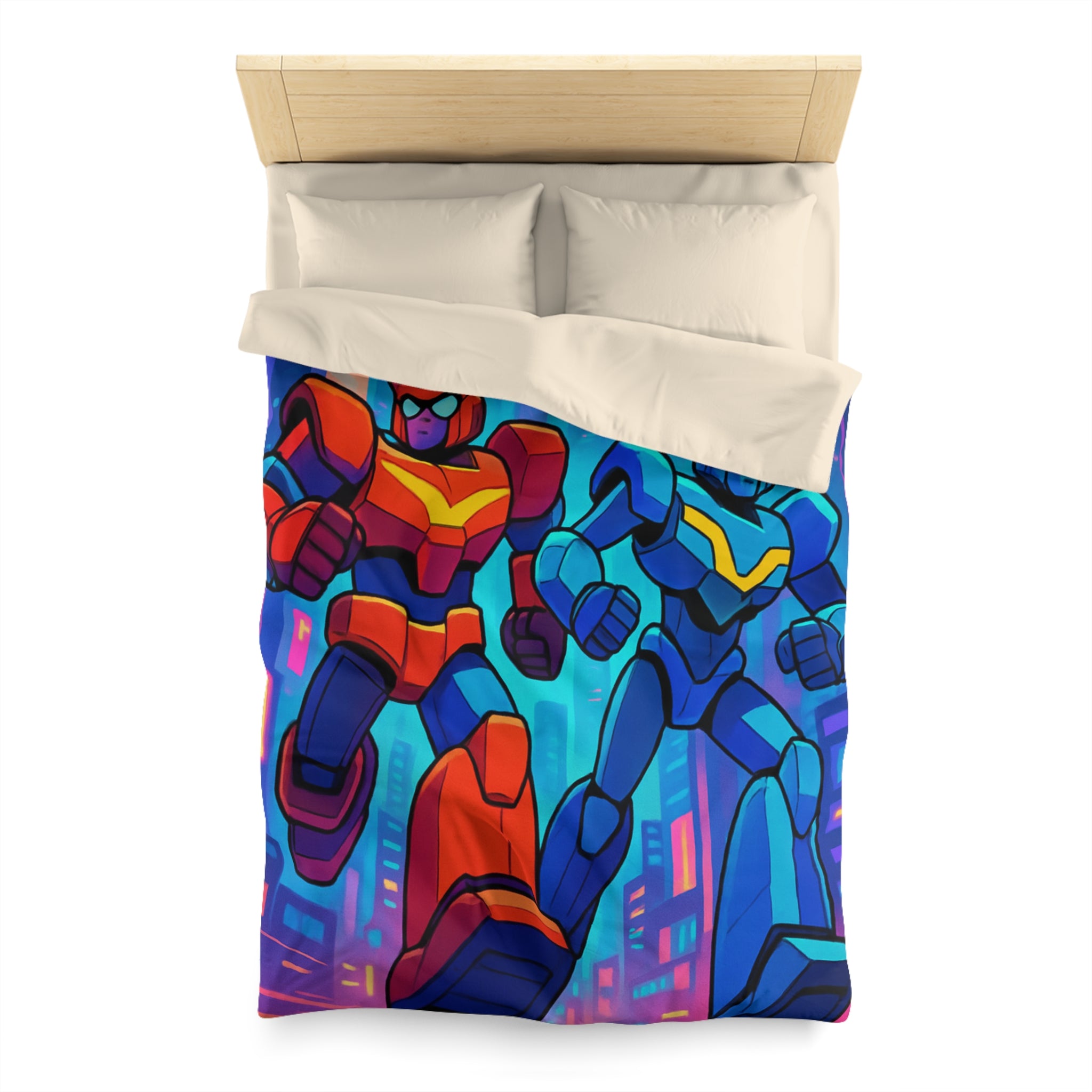 Housse de couette robot futuriste colorée, style rétro avec ambiance urbaine dynamique