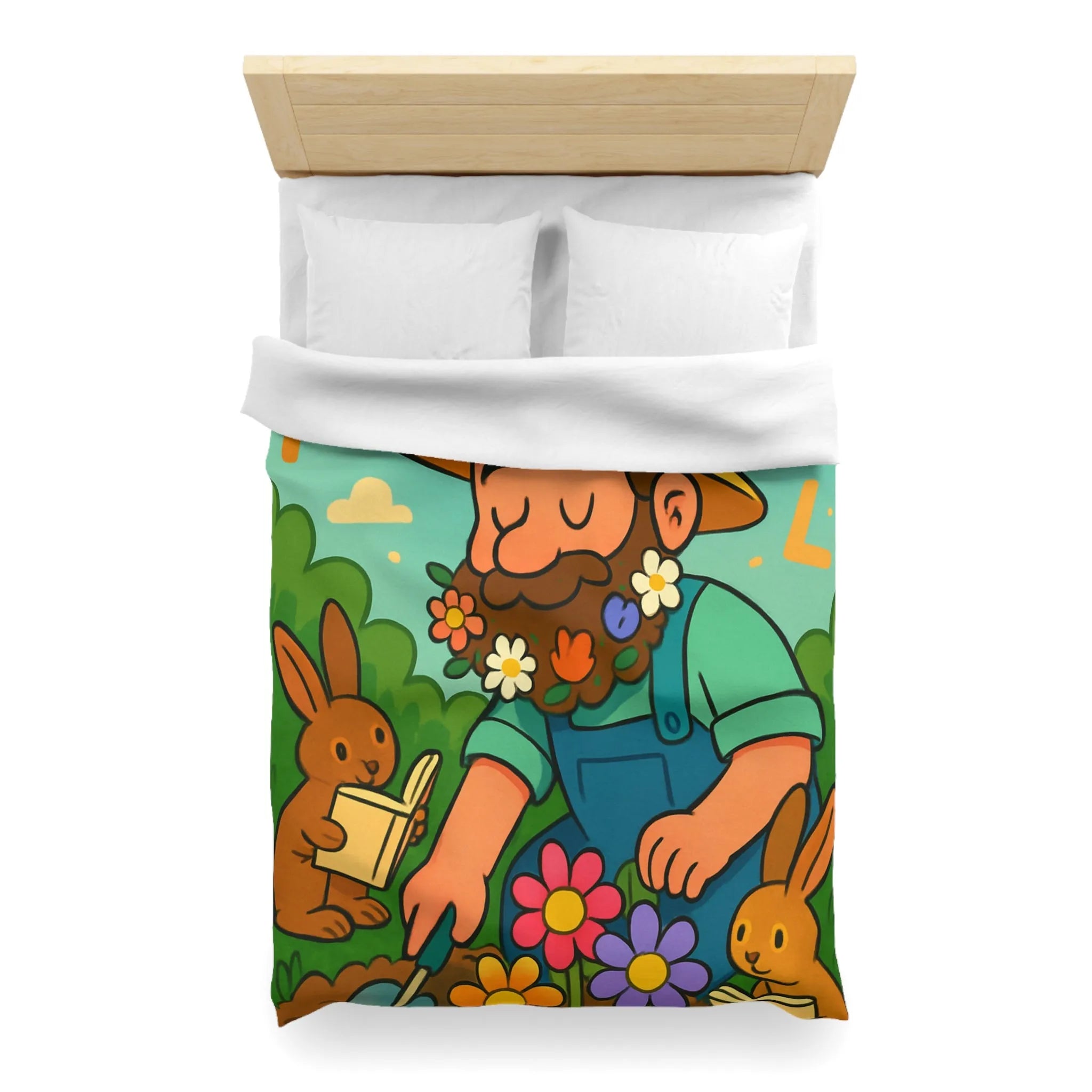 Housse de couette jardin enchanté avec fleurs, lapins et oiseaux colorés pour enfants