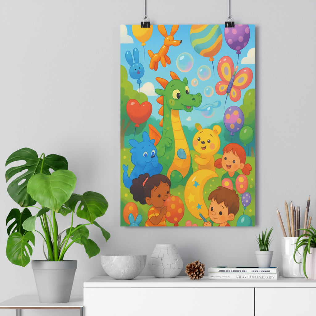 Poster décoratif joyeux dragon vert enfants ballons colorés ciel bleu chambre enfant 30x46 cm