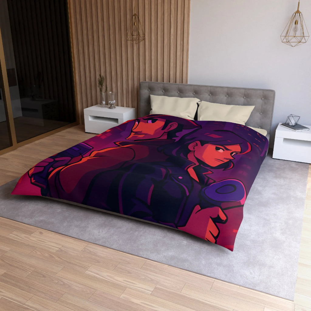 Housse de couette aventure urbaine avec duo de détectives dans néons lumineux