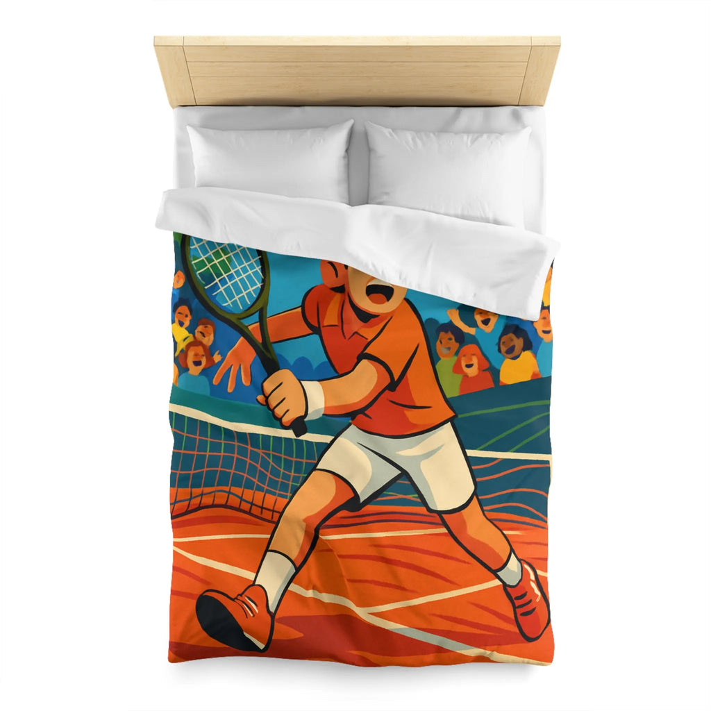 Dessin Animé Joueur de Tennis Dynamique en Action sur Court avec Public Enthousiaste