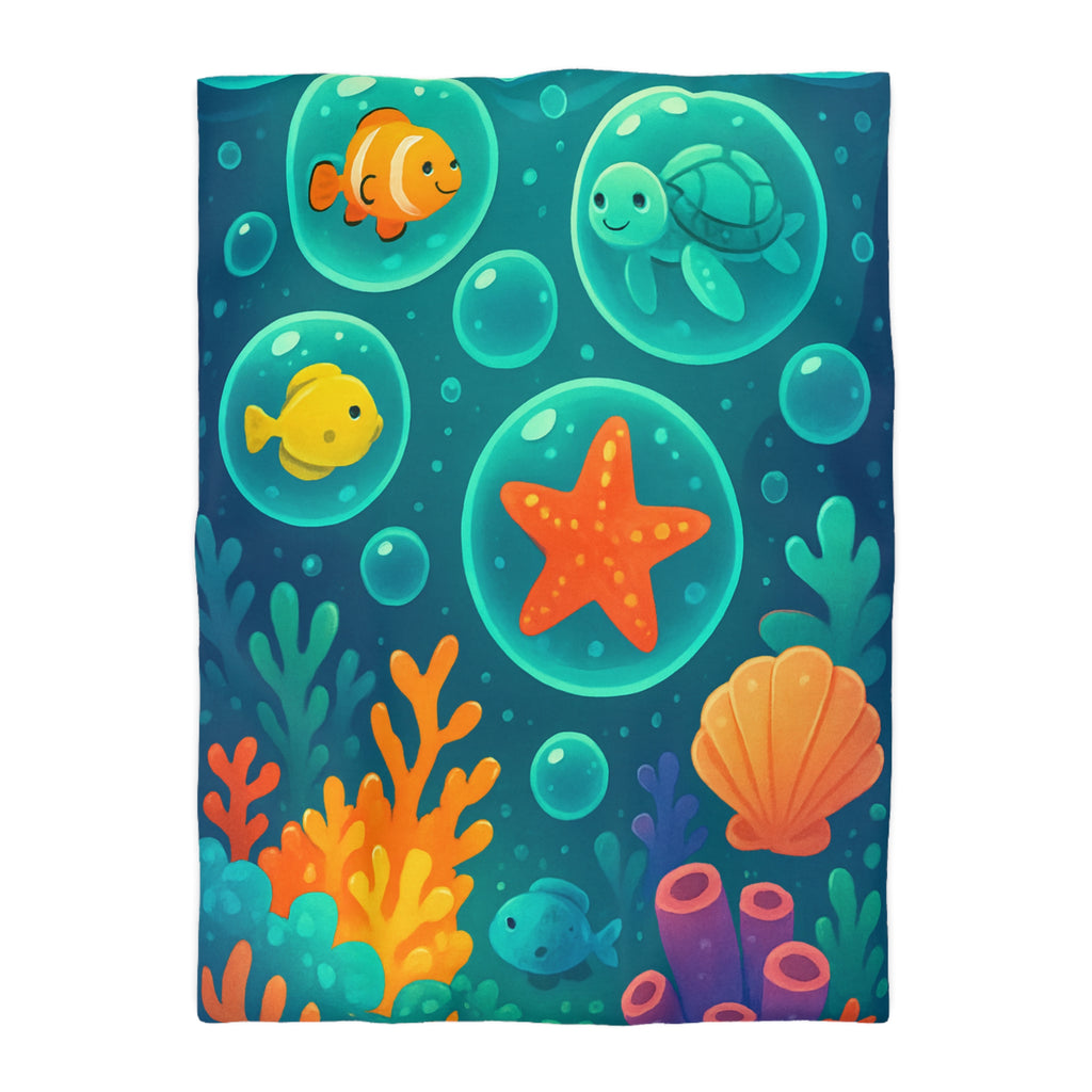 Housse de Couette Océan Animé pour Enfants avec Tortue et Étoile de Mer Mignonne