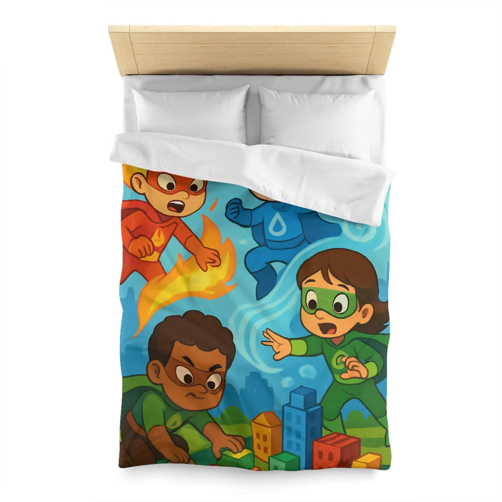 Housse de couette enfant avec super-héros colorés en action dans une ville imaginaire