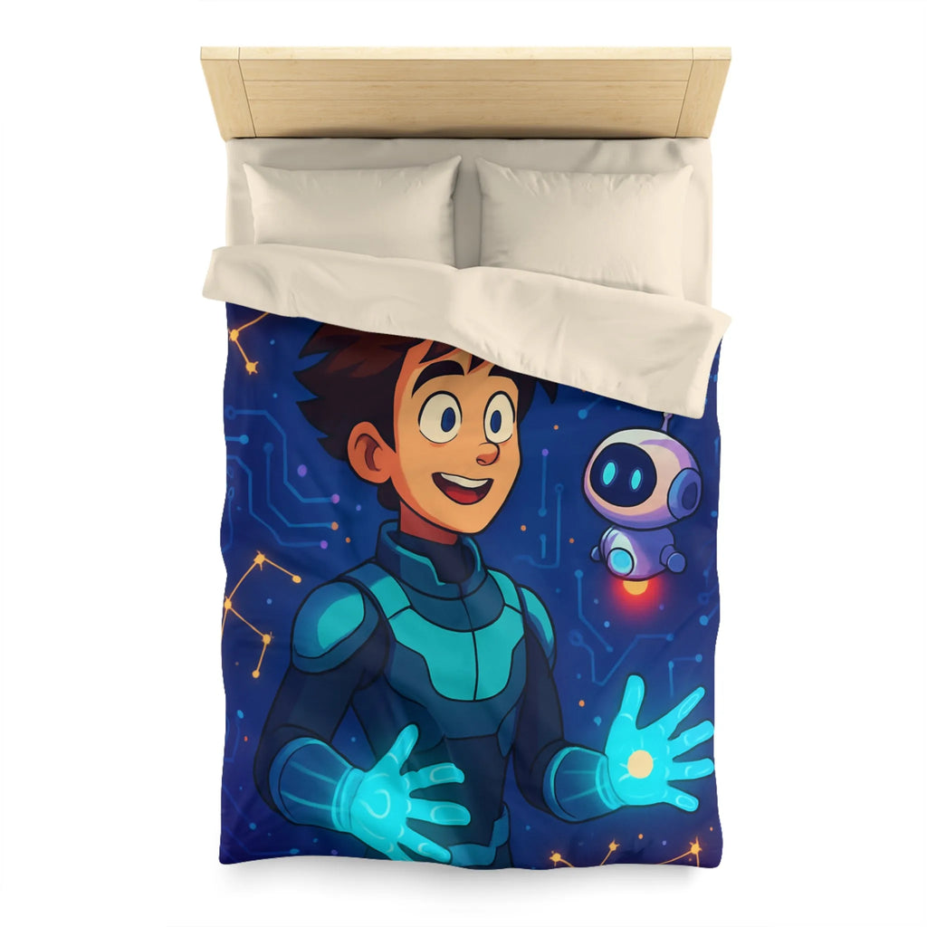 Housse de couette futuriste avec jeune héros et robot dans espace numérique éclatant